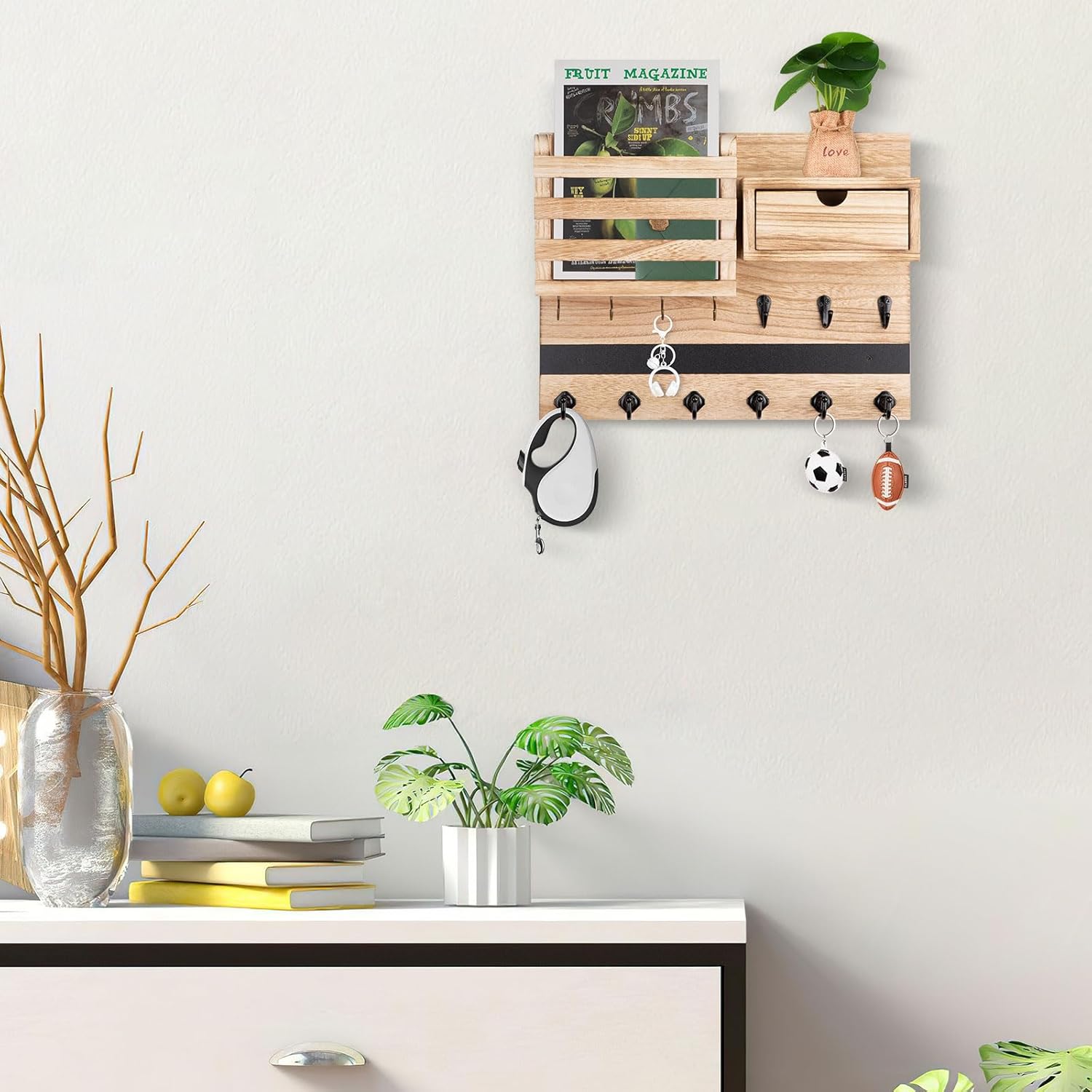 Nekon Key Holder Wall Mount, Rustic Mail and Keys Shelf for Wall Organization with 13 Hooks, Home Decor Accessory with Drawer, Wood