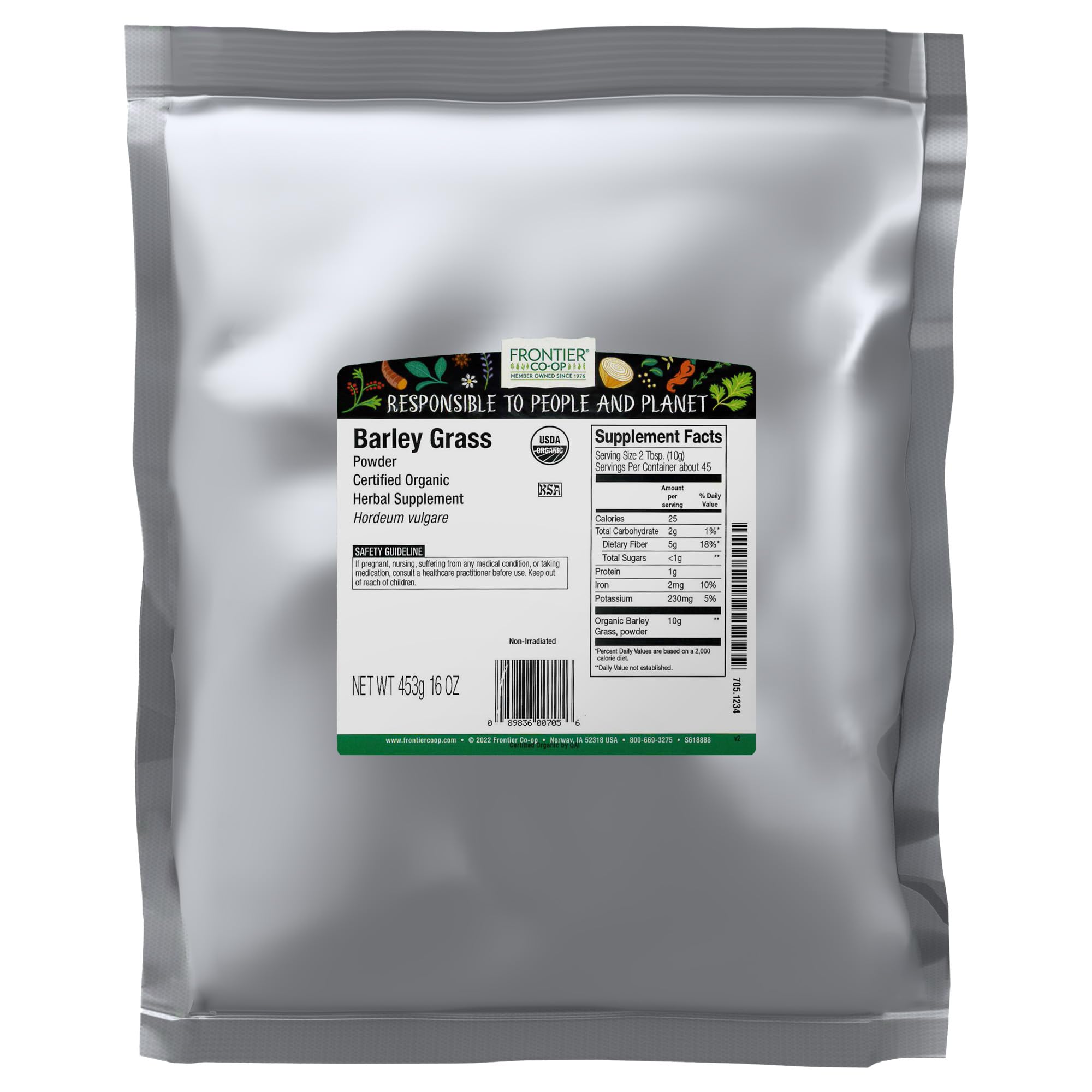 Frontier Co-op Barley Grass Powder, Certified Organic, Kosher | 1 lb. Bulk Bag | Hordeum vulgare L.