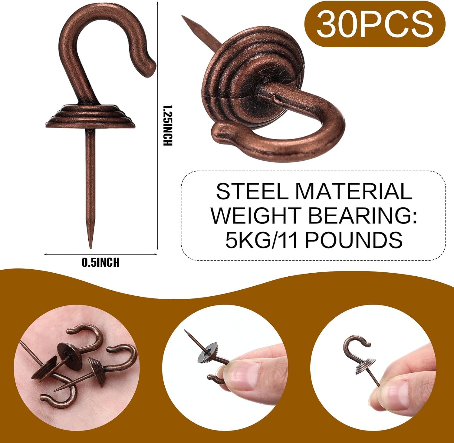 Hotop 60 Pieces Push Pin Wall Hooks Metal Thumb Tack Hangers, Red Bronze image 2