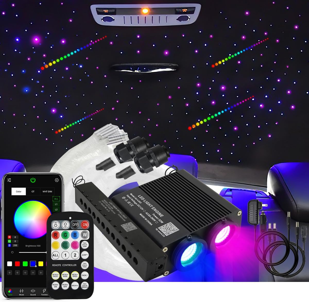 Car Home AKEPO Shooting Star 32W Dual-Head 2 Light Color RGBW Fiber Optic Lights, 920pcs of Mixed 3 Dia. Optical Fibers in 9.8ft+ Small Size Music Activated Fiber Optic Star Ceiling Sky Light Kit