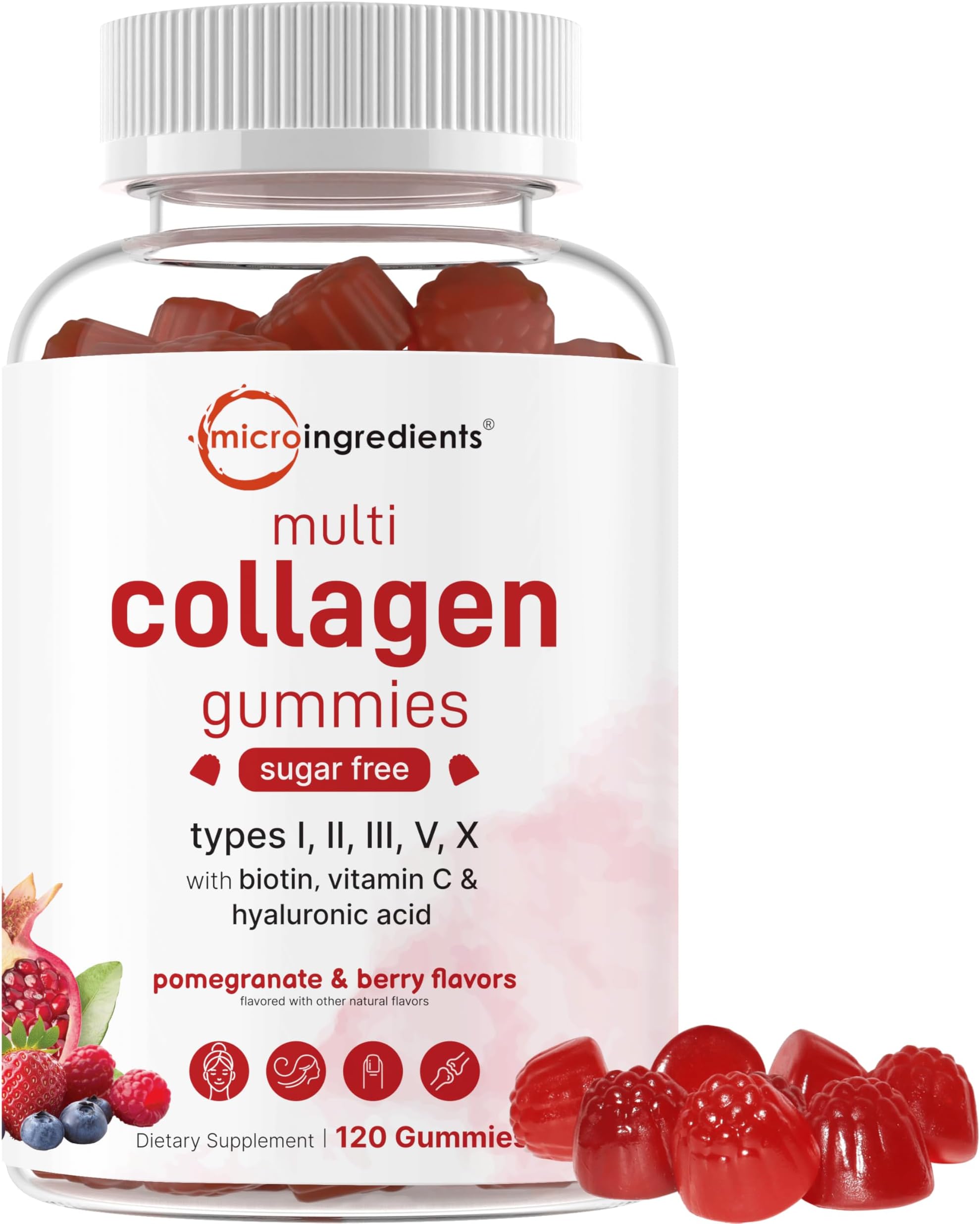 Micro Ingredients Multi Collagen Peptides, 120 Collagen Gummies | Type I,II,III,V,X Protein with Biotin, Hyaluronic Acid, & Vitamin C Complex | Pomegranate & Berry Flavored | Sugar Free, Non-GMO