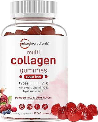Micro Ingredients Multi Collagen Peptides, 120 Collagen Gummies | Type I,II,III,V,X Protein with Biotin, Hyaluronic Acid, Vitamin C Complex | Pomegranate & Berry Flavored | Sugar Free, Non-GMO