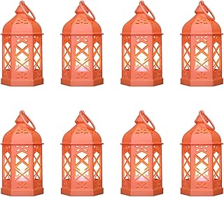 8-Pack Mini Lanterns for Halloween, Christmas, Small Decorative Lanterns with Flickering LED Candle for Enchanted Forest Wedding, Moroccan Lantern for Table Centerpiece, Medieval Decor, Orange