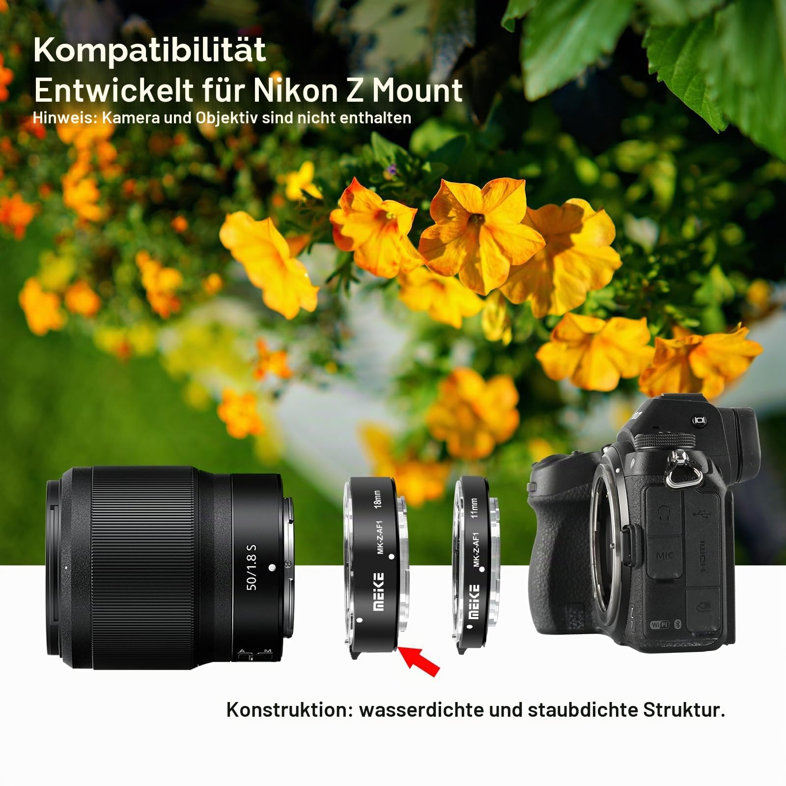 Meike MK-Z-AF1 Metall-Autofokus-Makro-Erweiterungsringadapter (11 mm + 18 mm) für Nikon-Z5-, Z6-, Z7- und Z50-Kameras