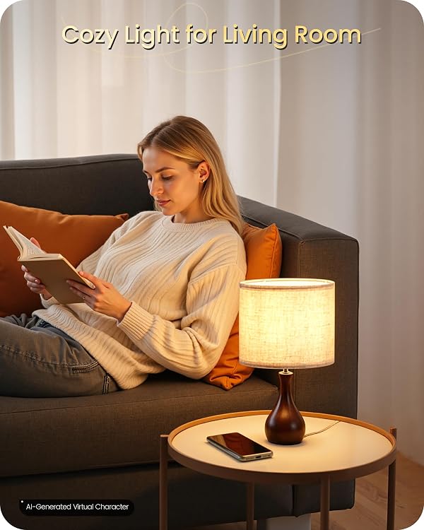 GOEBLESON Small Table Lamp, 14.2" Cute Little Desk Lamp, Wood Bedside Lamp with Linen Lampshade, Modern Nightstand Lamp for Bedroom, E26 Base, Bulb Not Included, Beige & Dark Walnut STE09TL05 by GOEBLESON - Used condition - Image 4