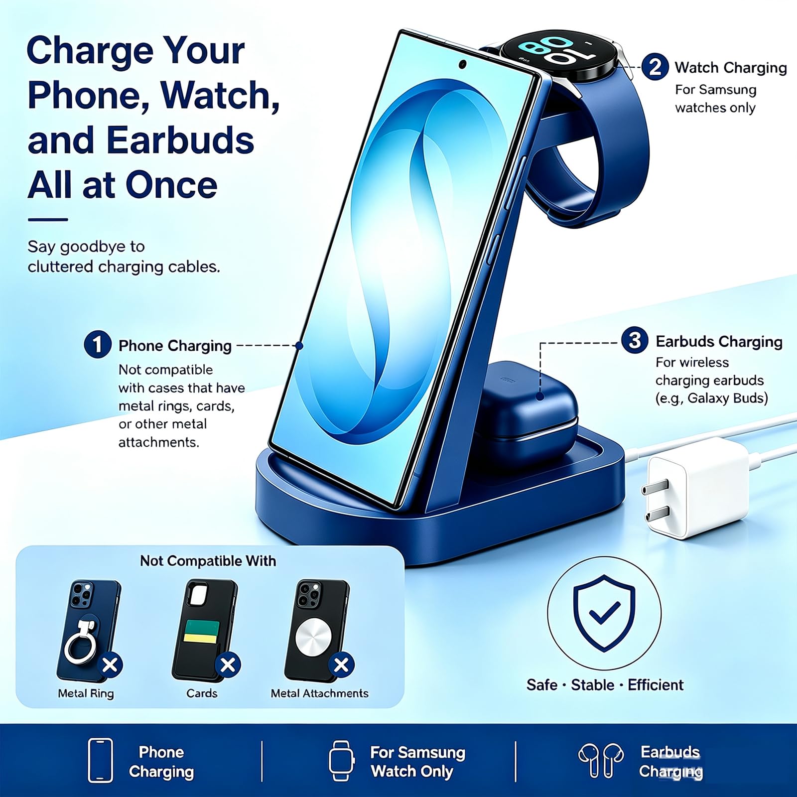 Stazione di ricarica wireless per Samsung/Android, stazione di ricarica wireless veloce compatibile per Samsung Galaxy S26 Ultra/S25/S24+/Z Flip 7/6 Fold 7/6, Watch8/7/Pro/Active 2 Galaxy Buds3/2 Pro