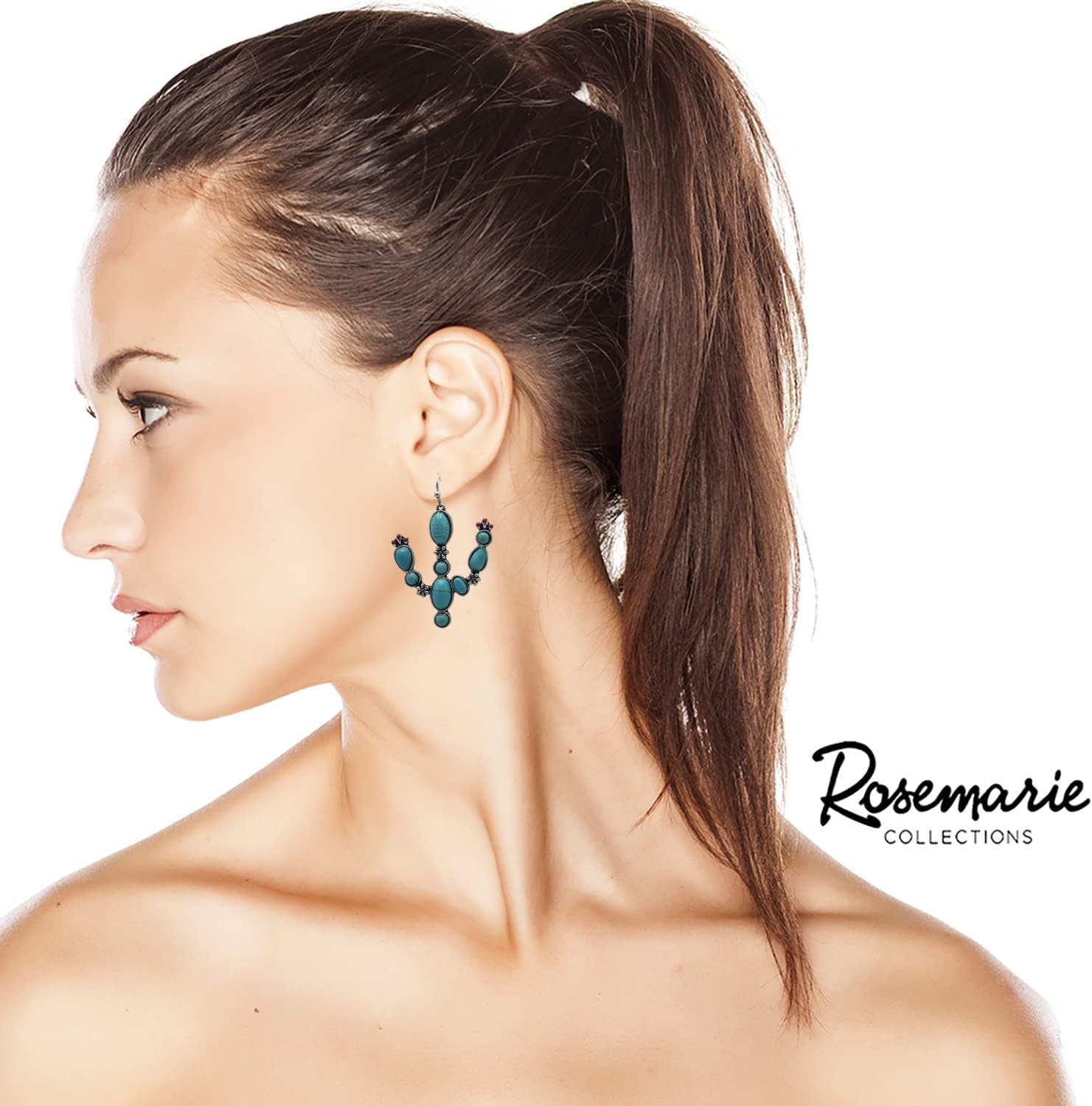 Rosemarie & Jubalee Women's Western Style Semi Precious Turquoise Blue Howlite Stone Textured Metal Cactus Jewlery Pieces