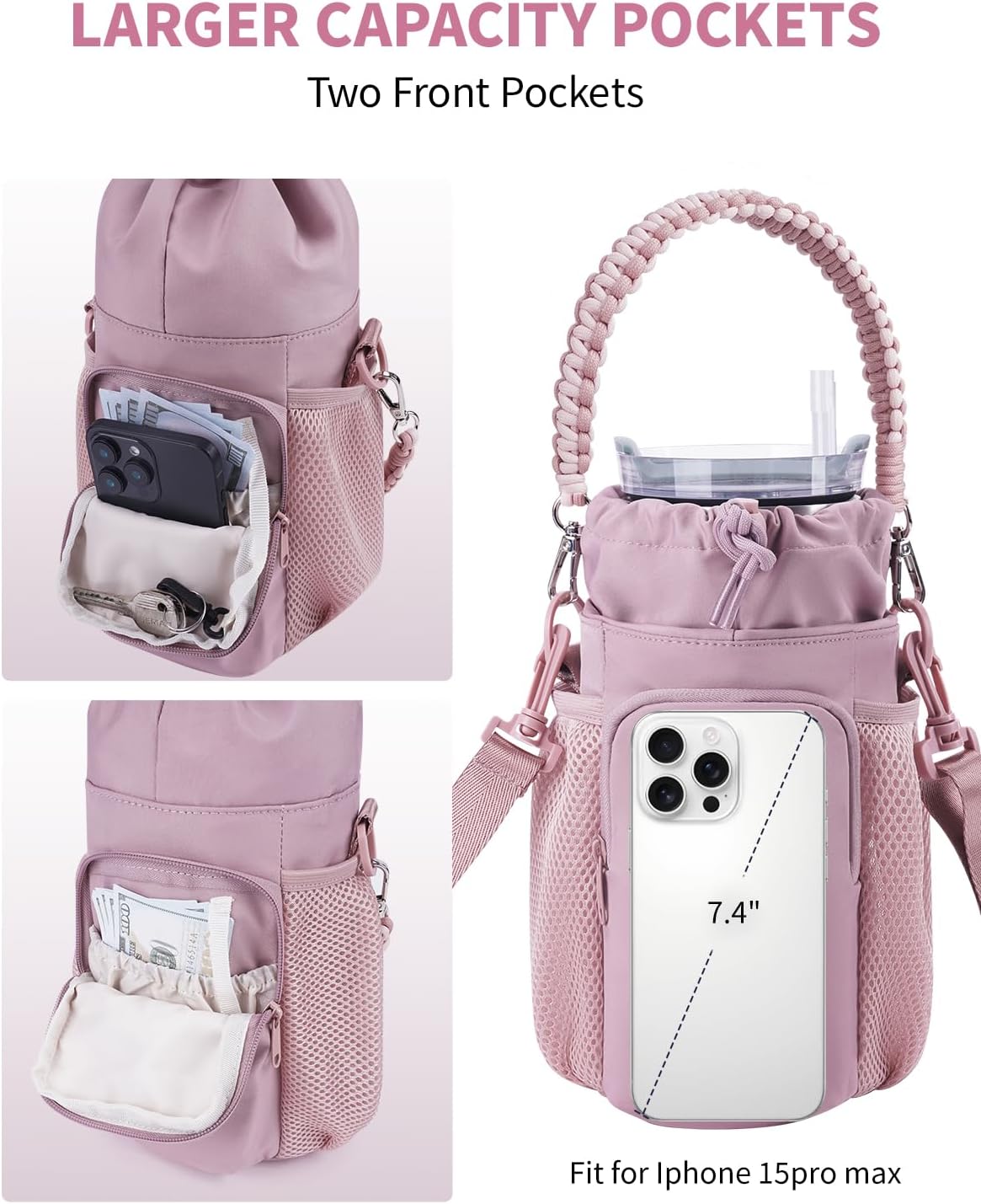 sportsnew Magnetic Gym Water Bottle Bag for for Stanley 40oz with Phone Pocket and Water Bottle Carrier Bag with Strap