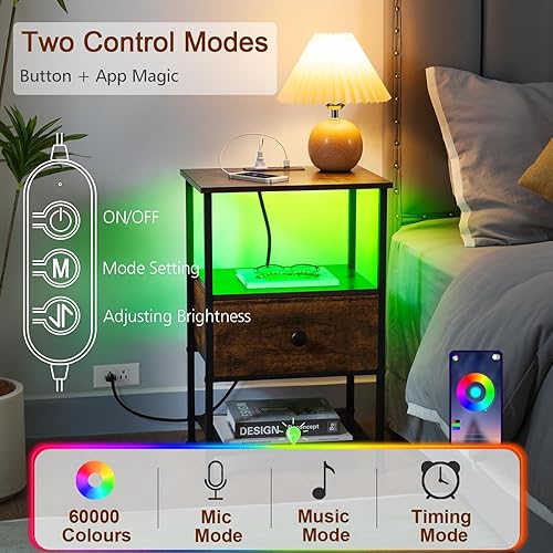 Miniatura 5 de Juego de 2 mesitas de noche LED con estación de carga, mesas auxiliares para sala de estar con cajón de tela para espacios pequeños, mesas