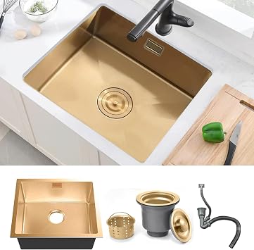 Stainless Steel Kitchen Sink, Undermount Single Bowl 50x45cm, Gold Sink