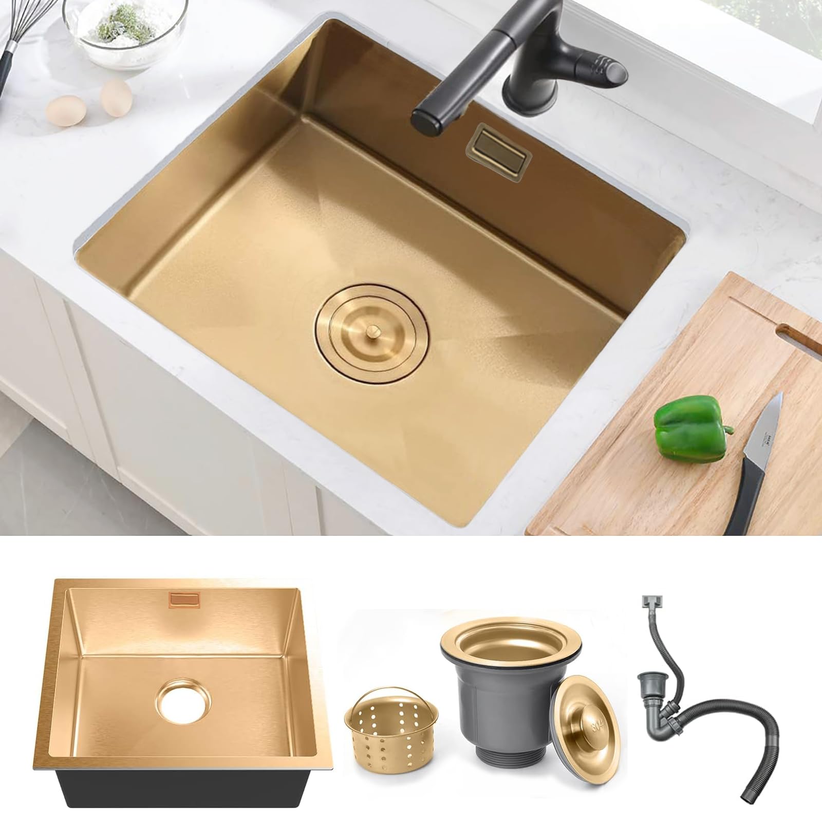 Stainless Steel Kitchen Sink, 50X45CM Small Sink, BoomHoze Undermount Single Bowl Outdoor Campervan with Silencer Pad, Drainer Fittings, Drop in Flushmount or Topmount Installation, Gold — image 1
