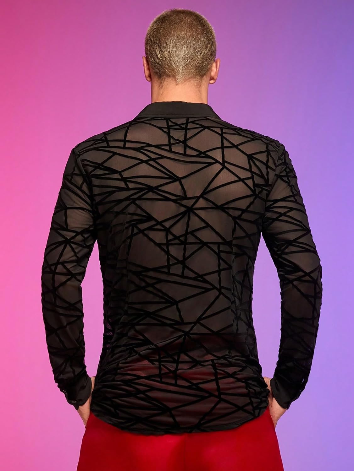 WDIRARA Men's See Through Mesh Shirt Collared Long Sleeve Textured Shirt Tops - Image 3