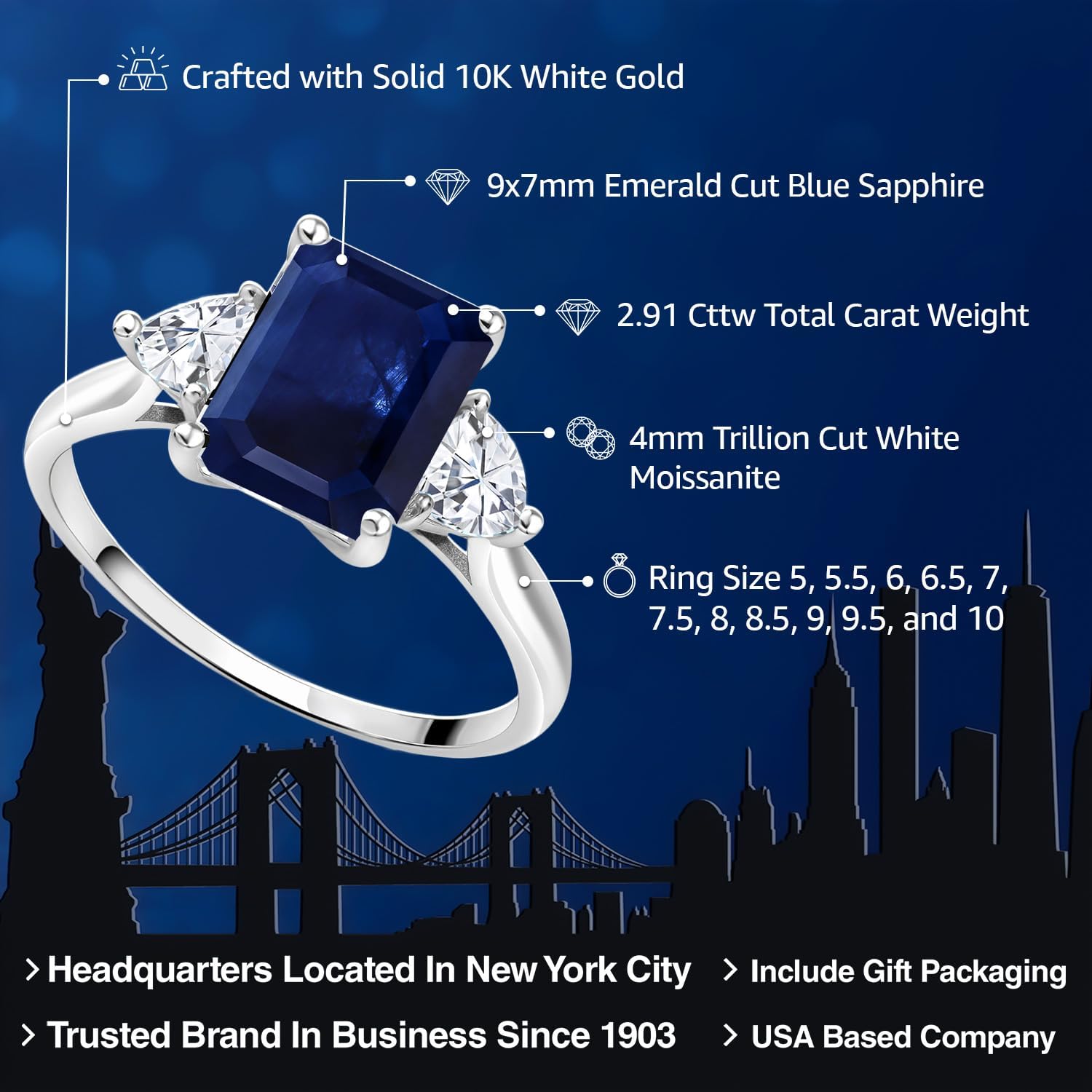 Gem Stone King 2-4 Cttw Gemstone Birthstone & White Moissanite 3-Stone Engagement Ring for Women | 10K White Gold | Emerald Cut 9X7MM Trillion 4MM | Gold Ring For Women