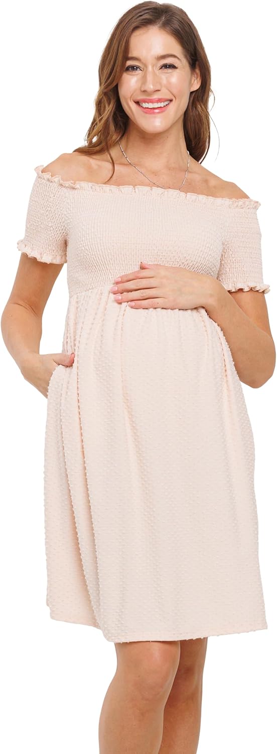 Womens Off Shoulder Dot Smocked Top Maternity Dress with Pockets