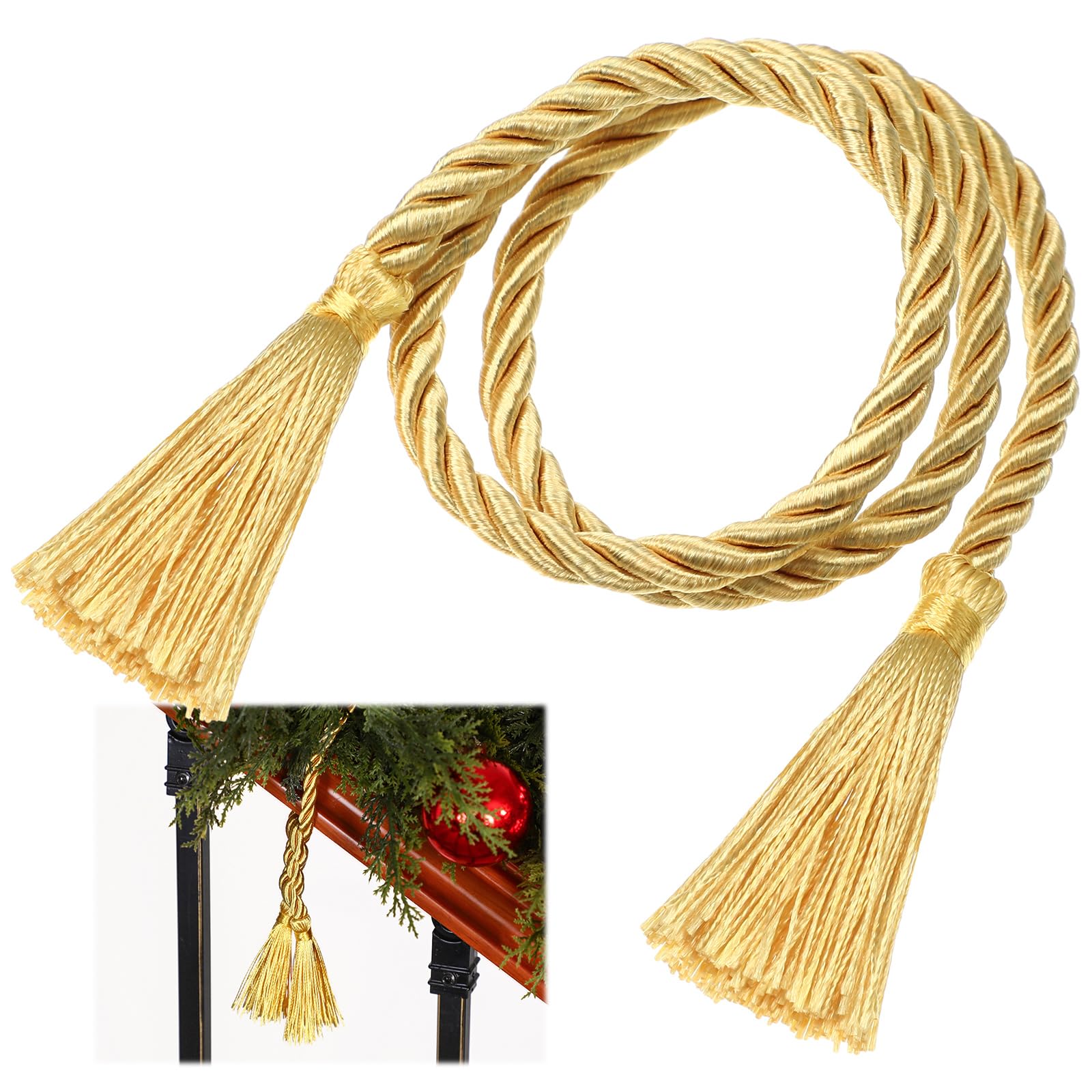 Dingion 20 Pcs Christmas Garland Decorative Banister Ties with Tassel 25.2 Inches Christmas Reusable Twist Ties for Garland Fireplace Staircase Banister Home Xmas Holiday Decorations(Gold)