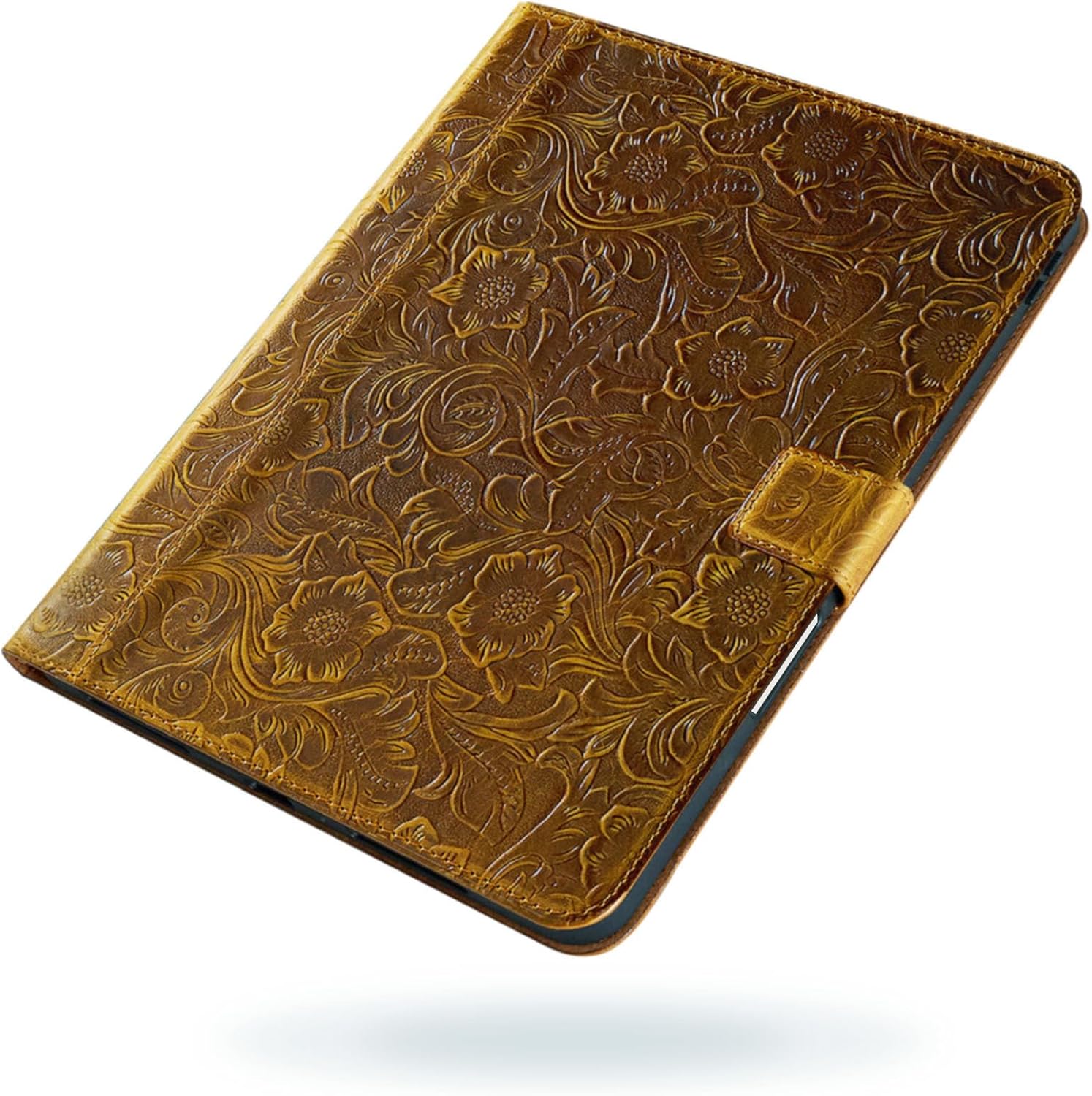 Gexmil Leather Case for iPad Pro 12.9 Inch,6th/5th/4th/3rd Generation 2022/2021/2020/2018 with Pencil Holder Magnetic Buckle,Genuine Leather Folio Cover,Auto Sleep/Wake,Flower Brown