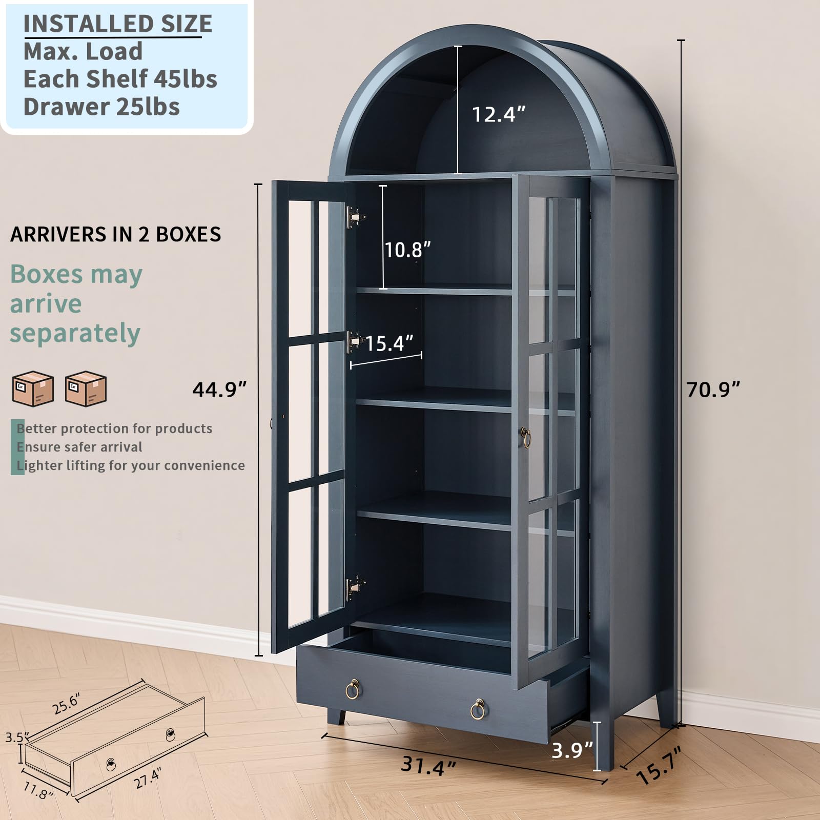 Condition photo showing New/Like New for rowypoey 71" tall arched cabinet bookshelf with glass door & storage drawer | modern farmhouse display cabinet,adjustable shelves,wood kitchen pantry for dining room,living room,office,navy blue box1/2 
