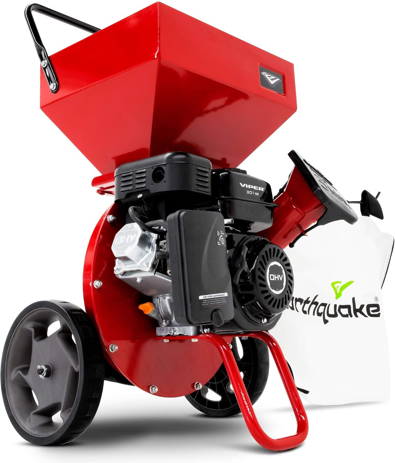 Earthquake Chipper Shredder K33 33964 Heavy Duty 301cc 4 Cycle Viper Engine, 3" Max Wood Diameter, Dock-and-Lock Bag, Red