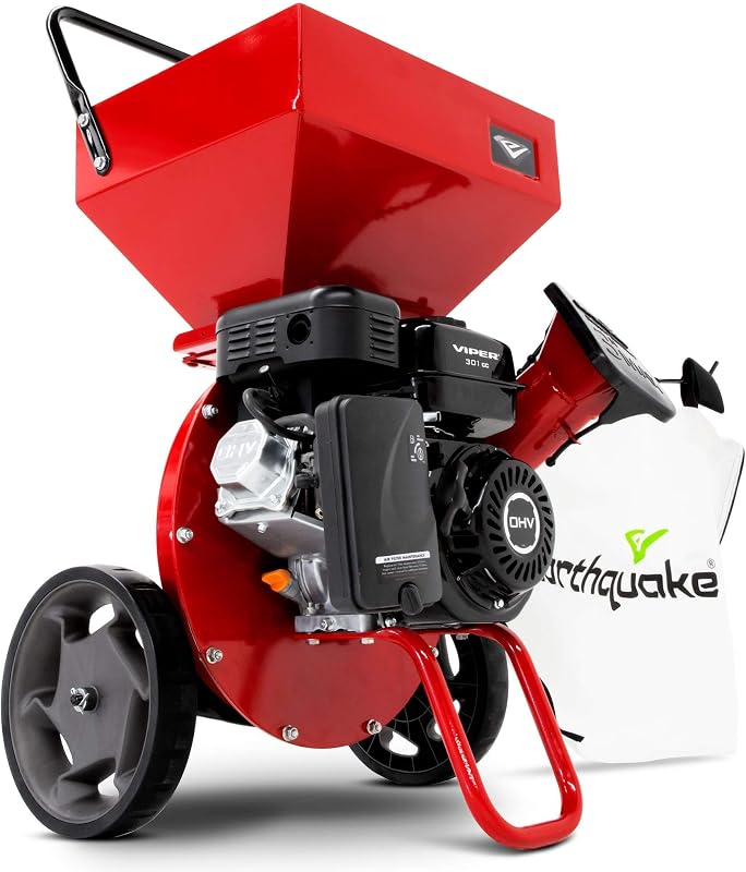 Trituradora astilladora Earthquake K33, 33964 de servicio pesado, 301 cc, motor Viper de 4 ciclos, bolsa para desechos de acoplamiento y bloqueo, capacidad máxima de diámetro de madera de 3 pulgadas, roja