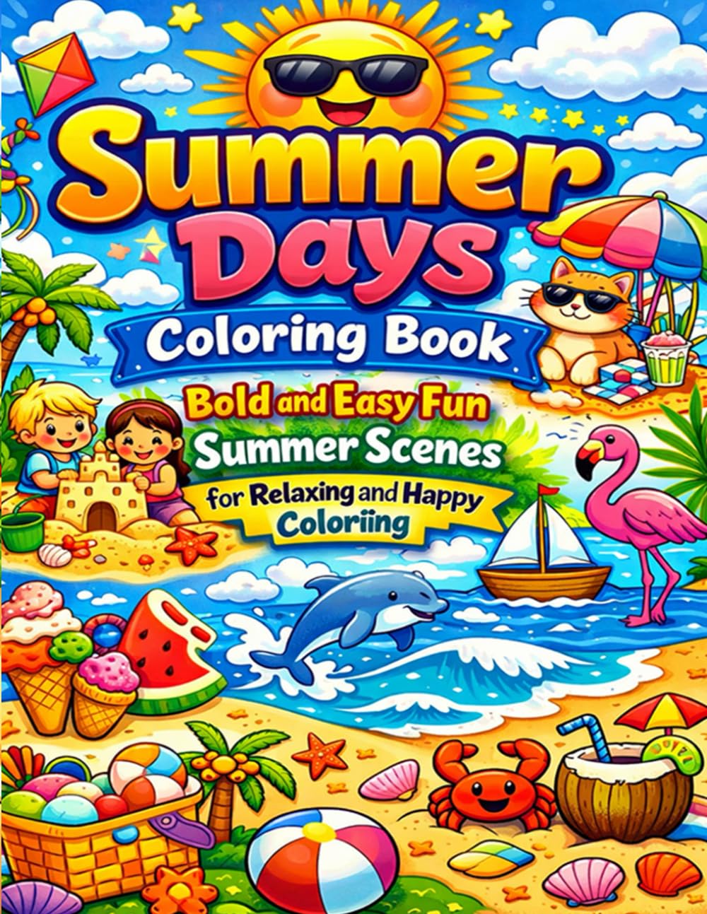 Summer Days Coloring Book: Bold and Easy Fun Summer Scenes for Relaxing and Happy Coloring: Cute Summer Adventures Beach Fun Sunshine and Happy Vacation Moments with Bold and Easy Pages for Relaxation