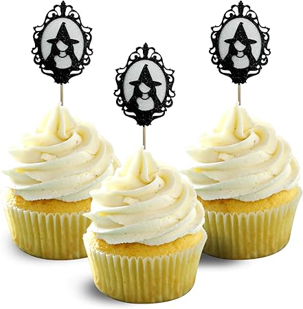 Amazon Co Jp 魔女のシルエット ハロウィン カップケーキトッパー 黒と白のカードストック 12個パック カップケーキ装飾 カードストック グリッターカラー ホワイト 食品 飲料 お酒