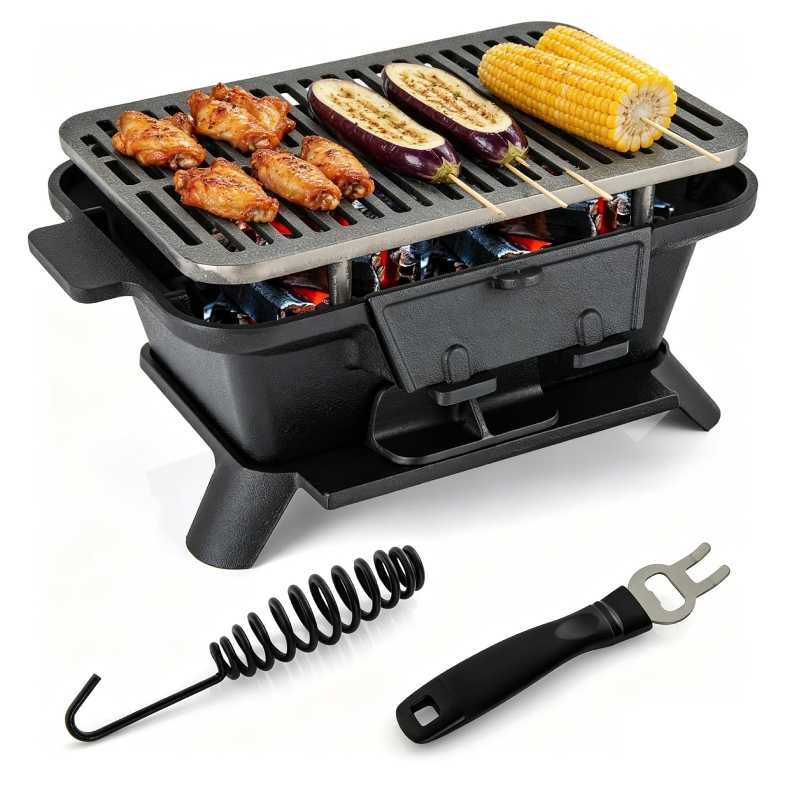 COSTWAY Cast Iron Charcoal Grill, Portable Tabletop BBQ Stove with Double-sided Grilling Net, Fire Gate & Air Regulating Door, Indoor Outdoor Small Charcoal Grill Stove for Camping Picnic Party