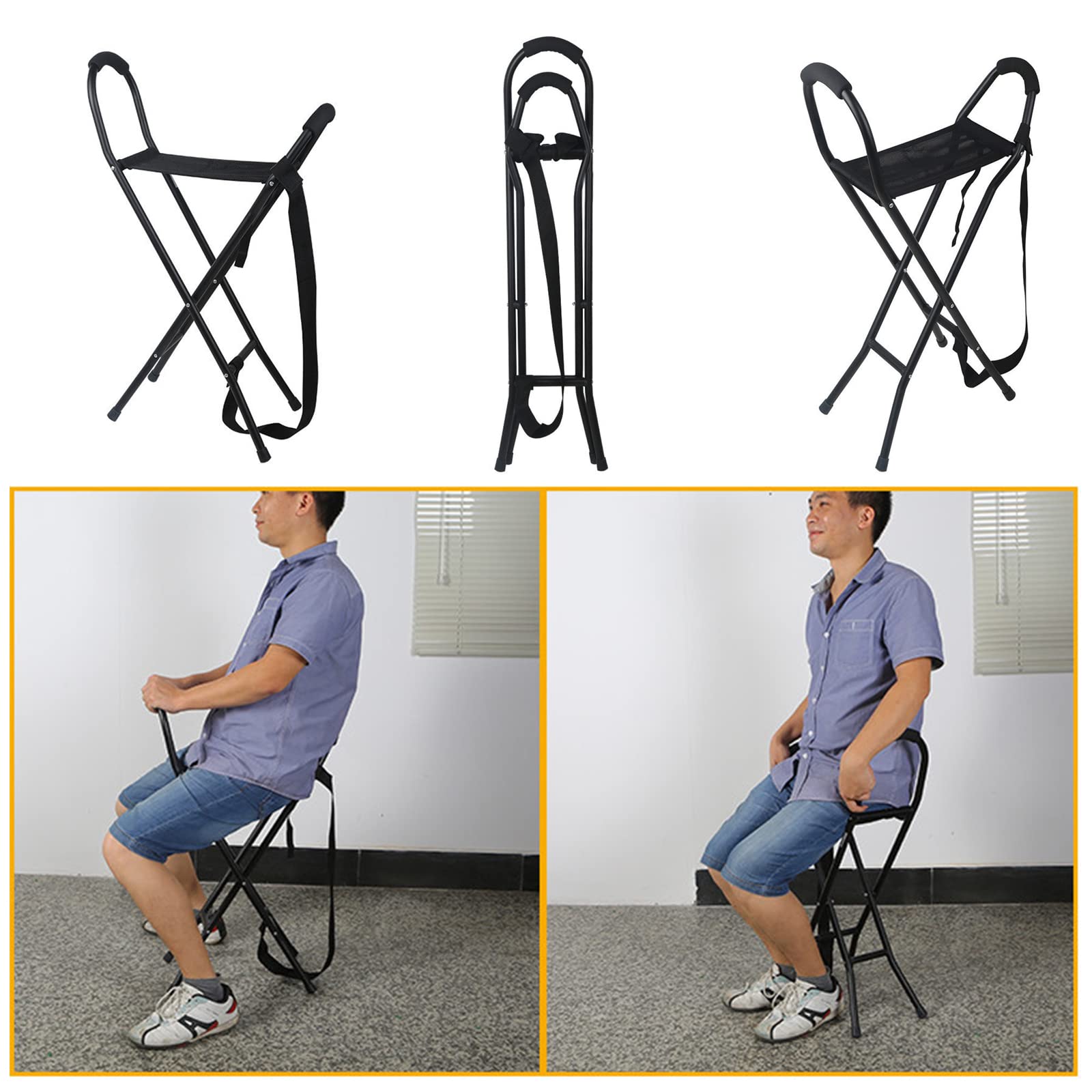 Bastón plegable con asiento de bastón con 2 asas y 4 patas, silla portátil de aluminio para ancianos, camping, taburete de viaje