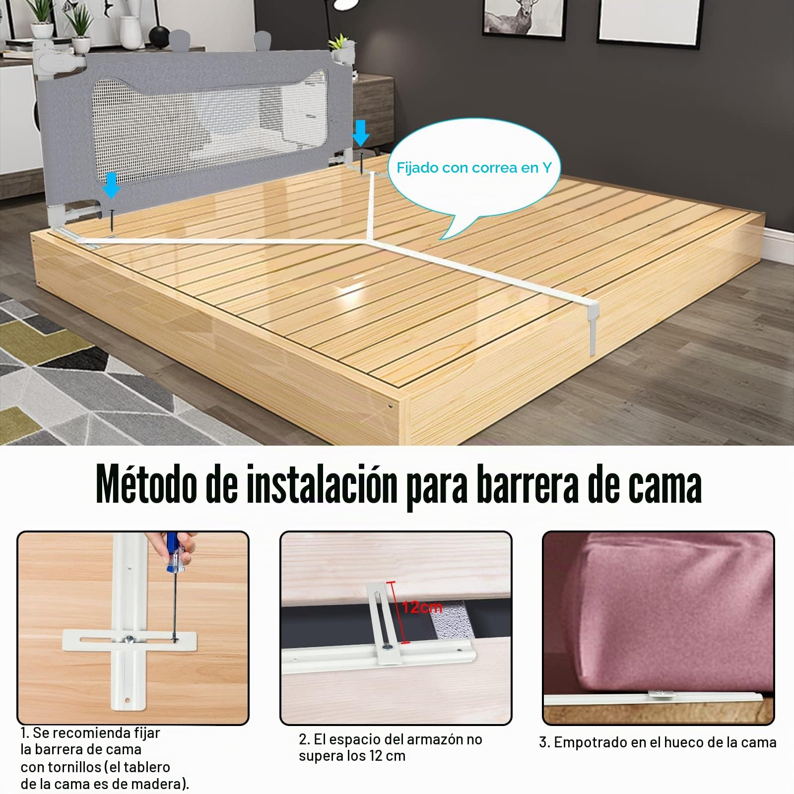 FIVMEN Barrera de cama de 180 cm para bebé, protección anticaídas para cama de bebé, altura ajustable, barrera protectora de cama para niños con bolsa de almacenamiento, barrera para cama infantil