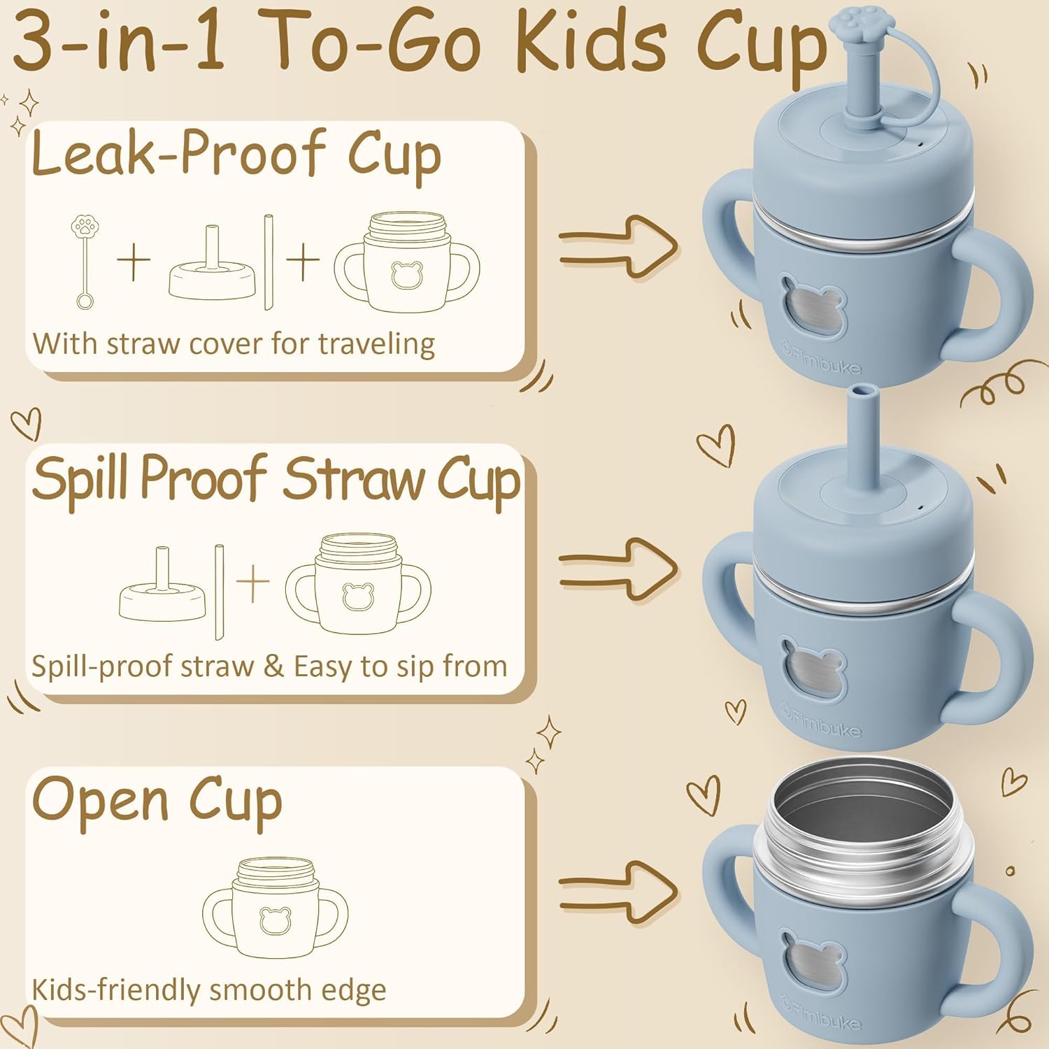 Fimibuke Sippy Cups for Toddlers, 10 OZ Spill Proof Kids Cup, Leak Proof Stainless Steel Tumbler with Handle, Silicone Straw & Sleeve, BPA Free Dishwasher Safe Girl Boy Kids Water Bottle, 2 Packs