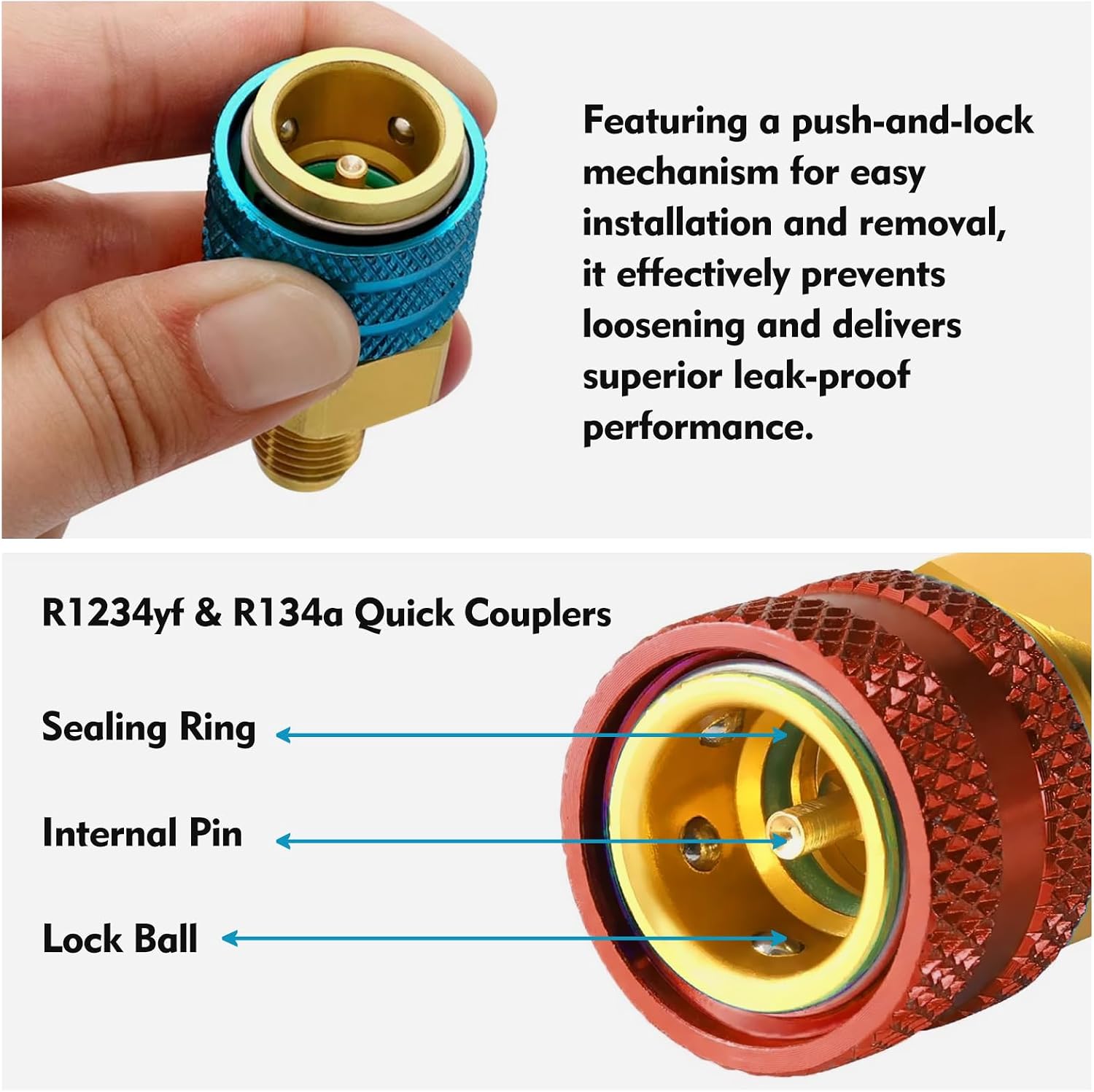 R1234yf to R134a Adapter Kit, 2PCS Quick Couplers for High & Low Side, Car AC Refrigerant Recharge and Evacuation Conversion Connectors for R1234yf and R134a Systems (Red & Blue)