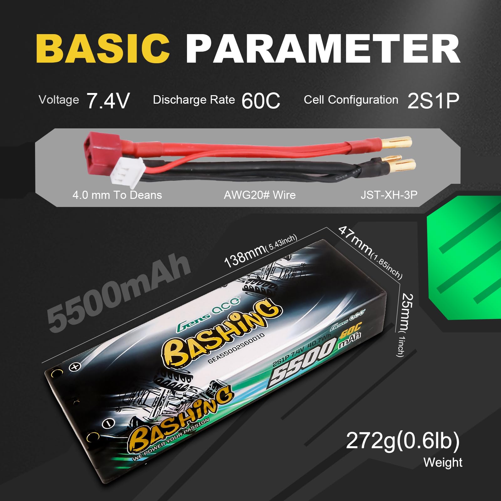 Batería Gens Ace 2S LiPo 7.4V 4000mAh 60C Con Conector Deans T Para Coches RC 1/10