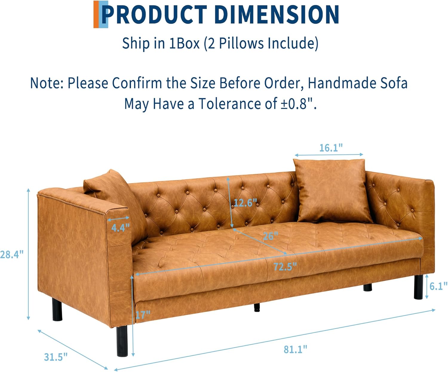 GarveeHome Modern Leather Couch for Living Room, 81" Chesterfield Sofa with Deep Seats and 2 Pillows, 3 Seater Sofa with Button Tufted, Sleeper Couch for Apartment, Office, Brown