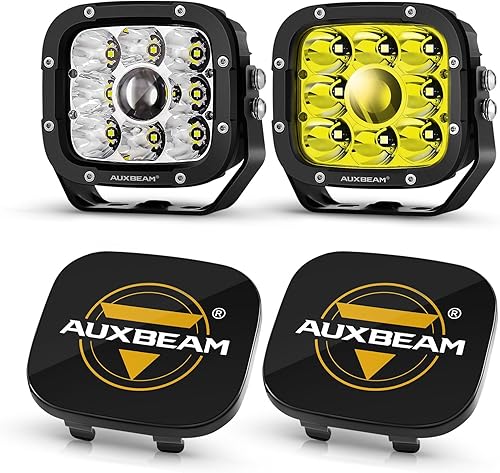 Auxbeam Focos LED de 5 pulgadas y 110 W para todo terreno con cubiertas de luz negra, cubos todoterreno, barra de luz antiniebla ámbar, luces