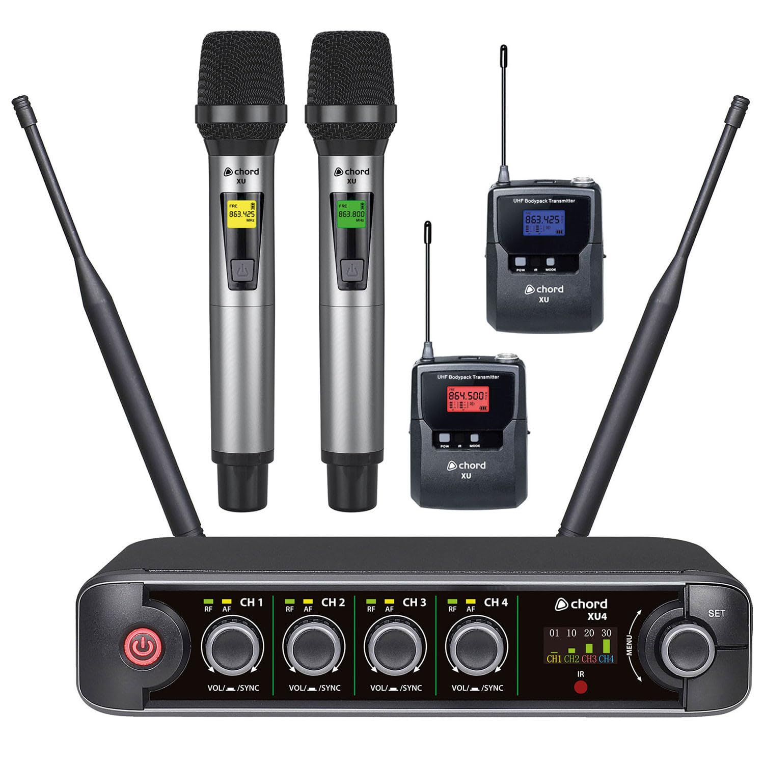 Chord XU4 Quad UHF Wireless Microphone System – 4 Mic Set with 2 Handheld & 2 Headset/Lapel Bodypack, Professional PA System for Karaoke, DJ, Fitness Class & Events UK