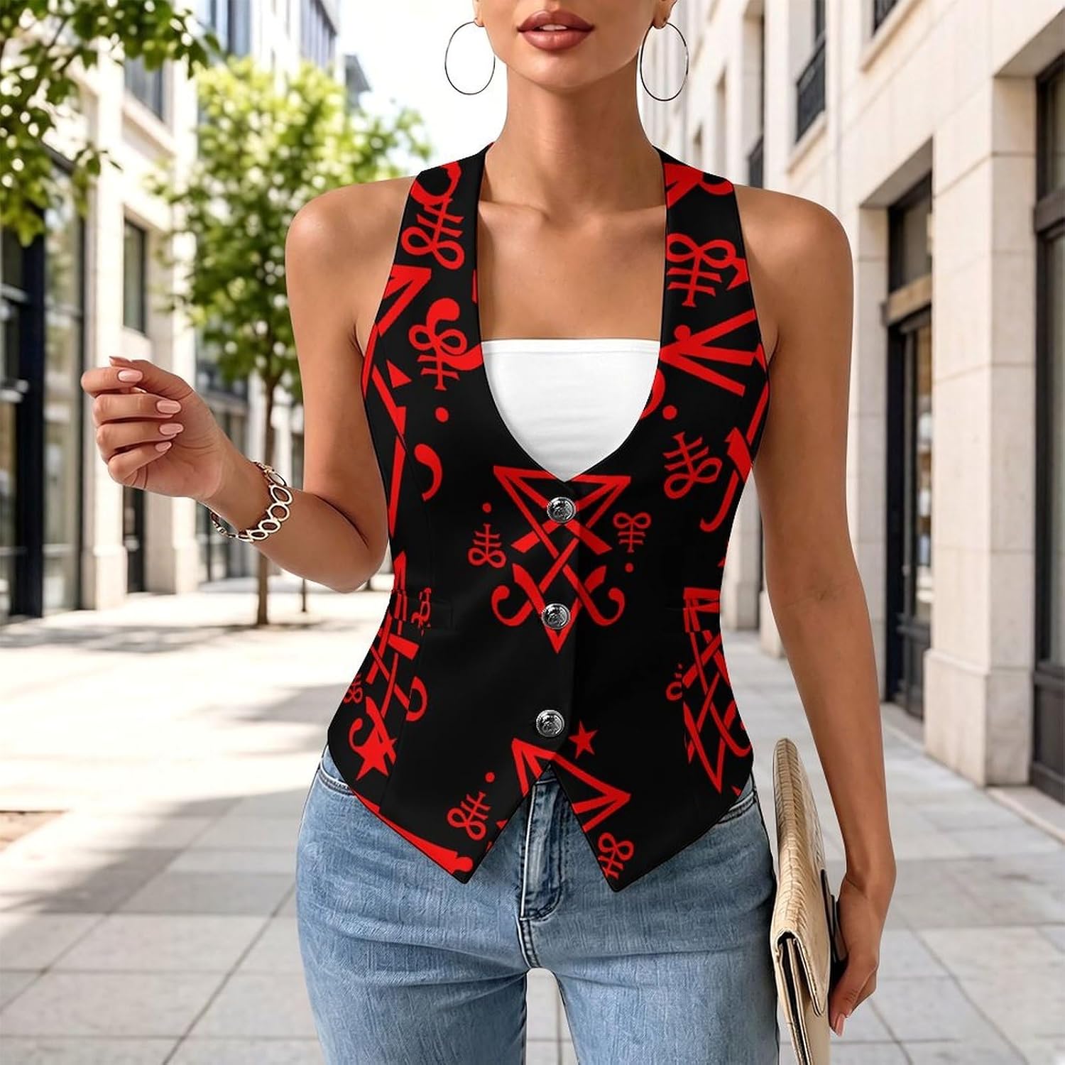 Occult Sigil of Lucifer Women's Suit Vest V Neck Button Down Waistcoat Jacket Business Casual Tops