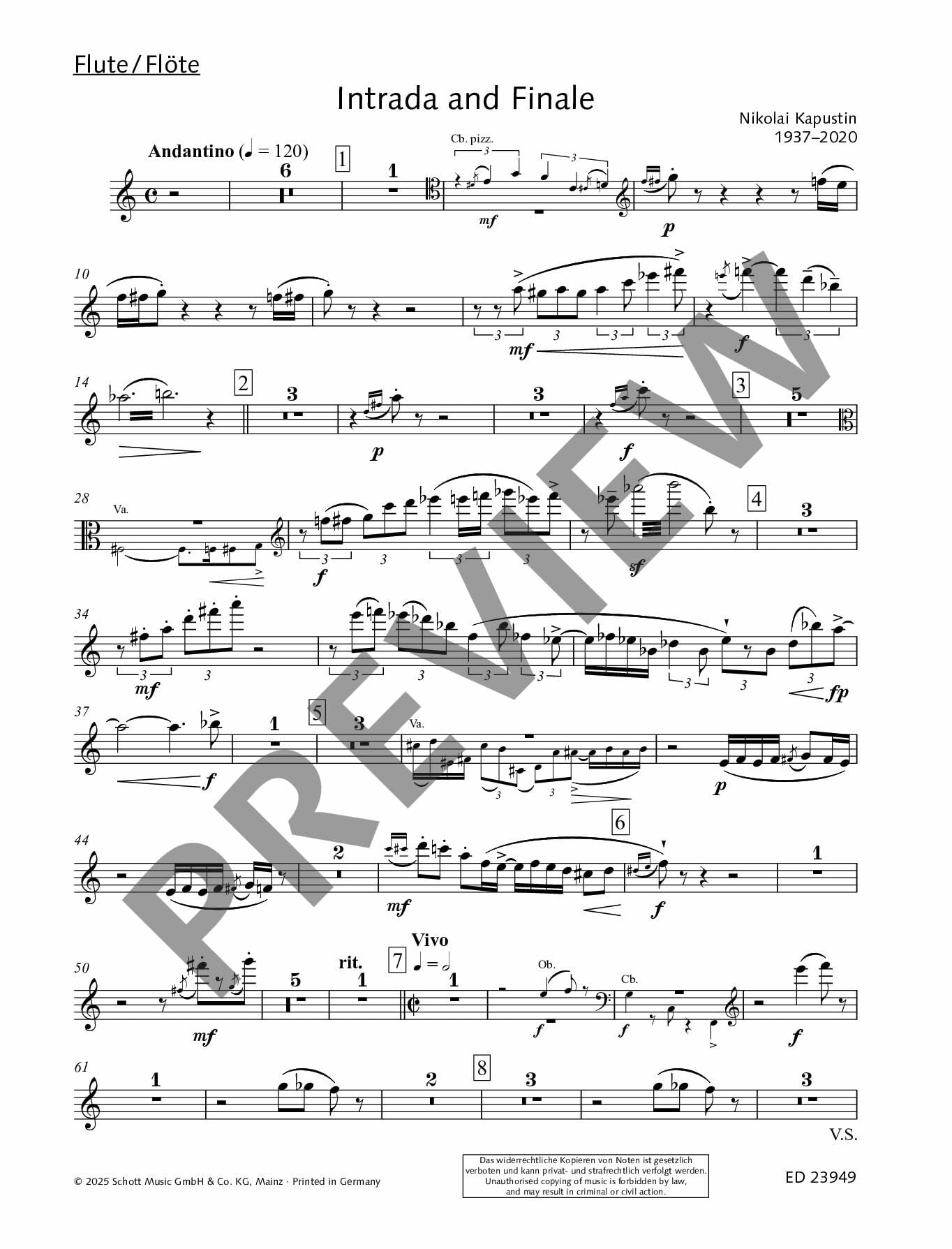 Intrada and Finale: für Sextett (Flöte, Oboe, Klavier, Viola, Kontrabass und Drums). op. 79. Flöte, Oboe, Klavier, Viola, Kontrabass, Drums. Partitur und Stimmen. (Edition Schott)