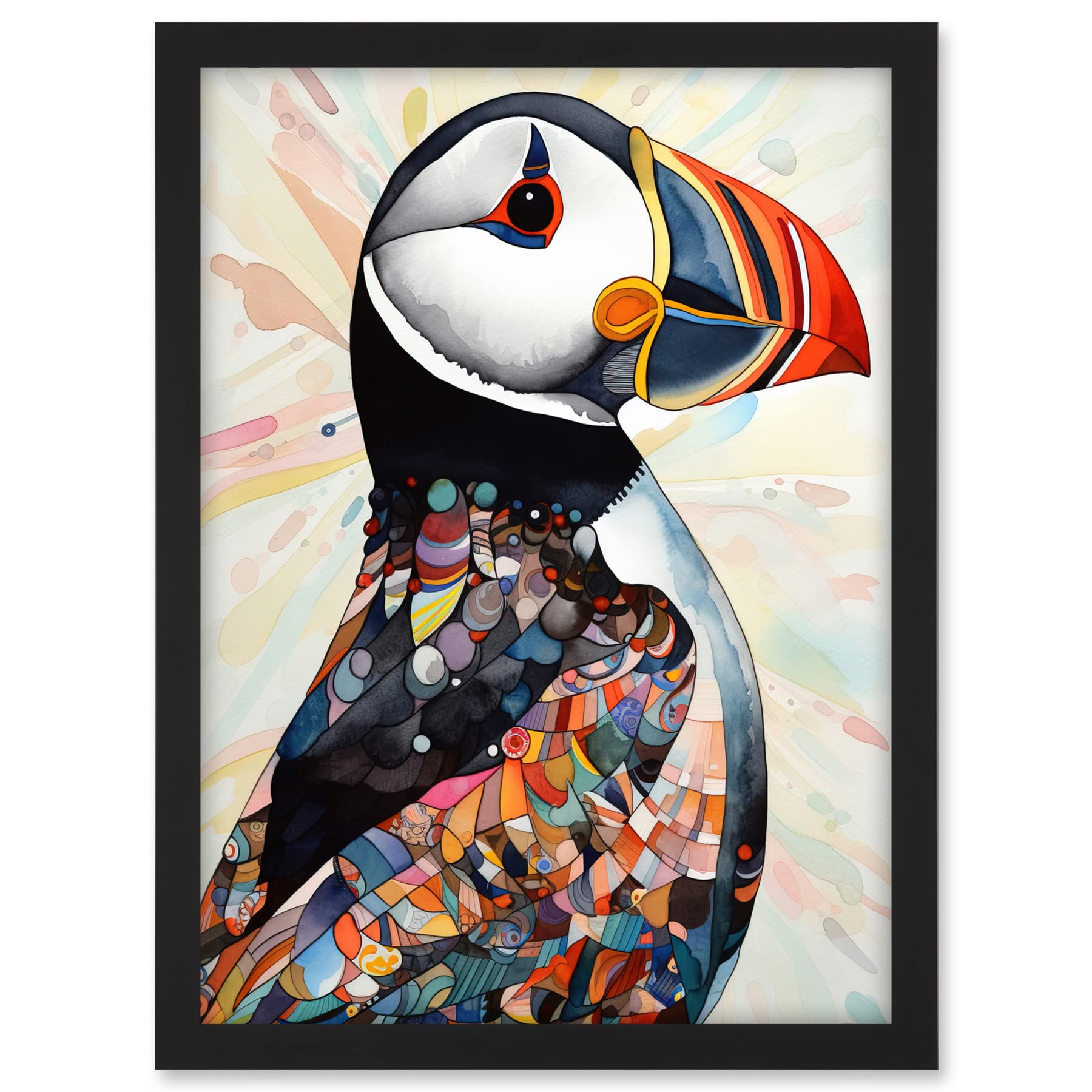 Artery8 Multicolour Pattern Feather Puffin Bird Folk Art Artwork Framed A3 Wall Art Print