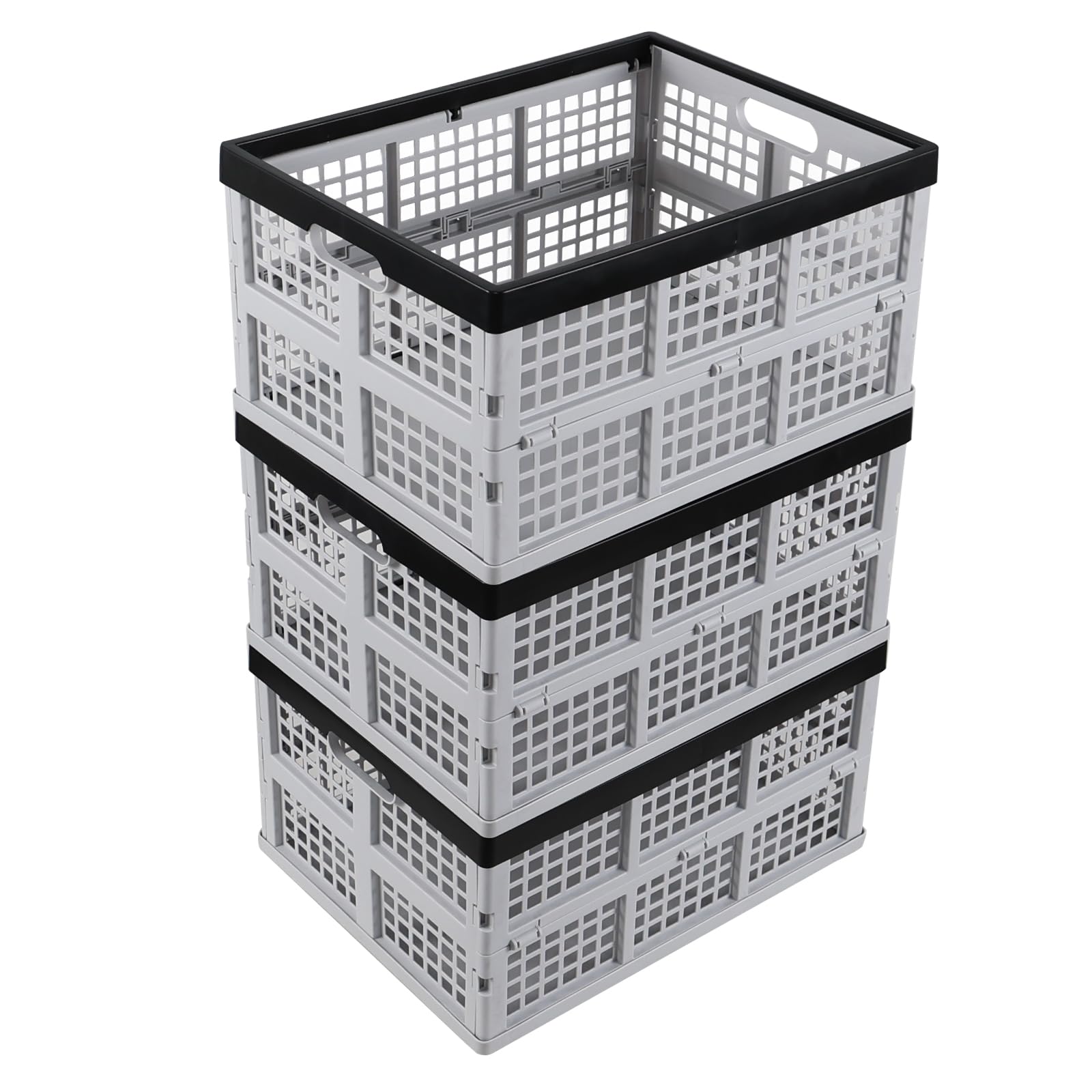 Buyitt Gray, Black 3-Pack 30 L Plastic Folding Crate, Stackable Collapsible Basket, Storage Milk Crates, Grey