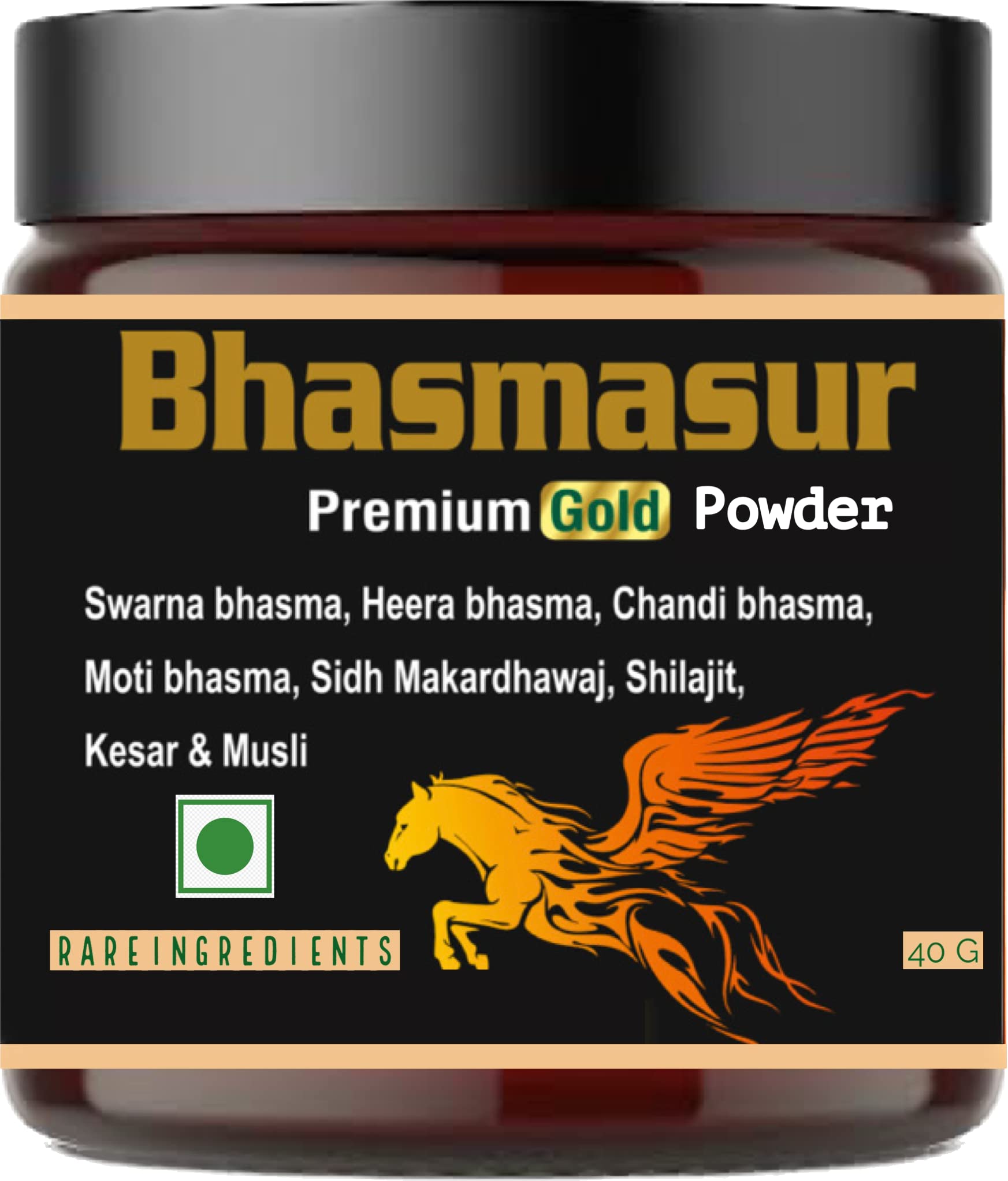 Bhasmasur Premium Gold 40 Men Vitality ,Ashwagandha,Musli,Swaran Bhasma,Heera Bhasma,Moti Bhasma,Kesar,Shilajit,Siddh Makardhwaj,Konch Beej,Salam Panja,Salam Mishri,Akarkara,Rumi Mastangi, 40 Gm