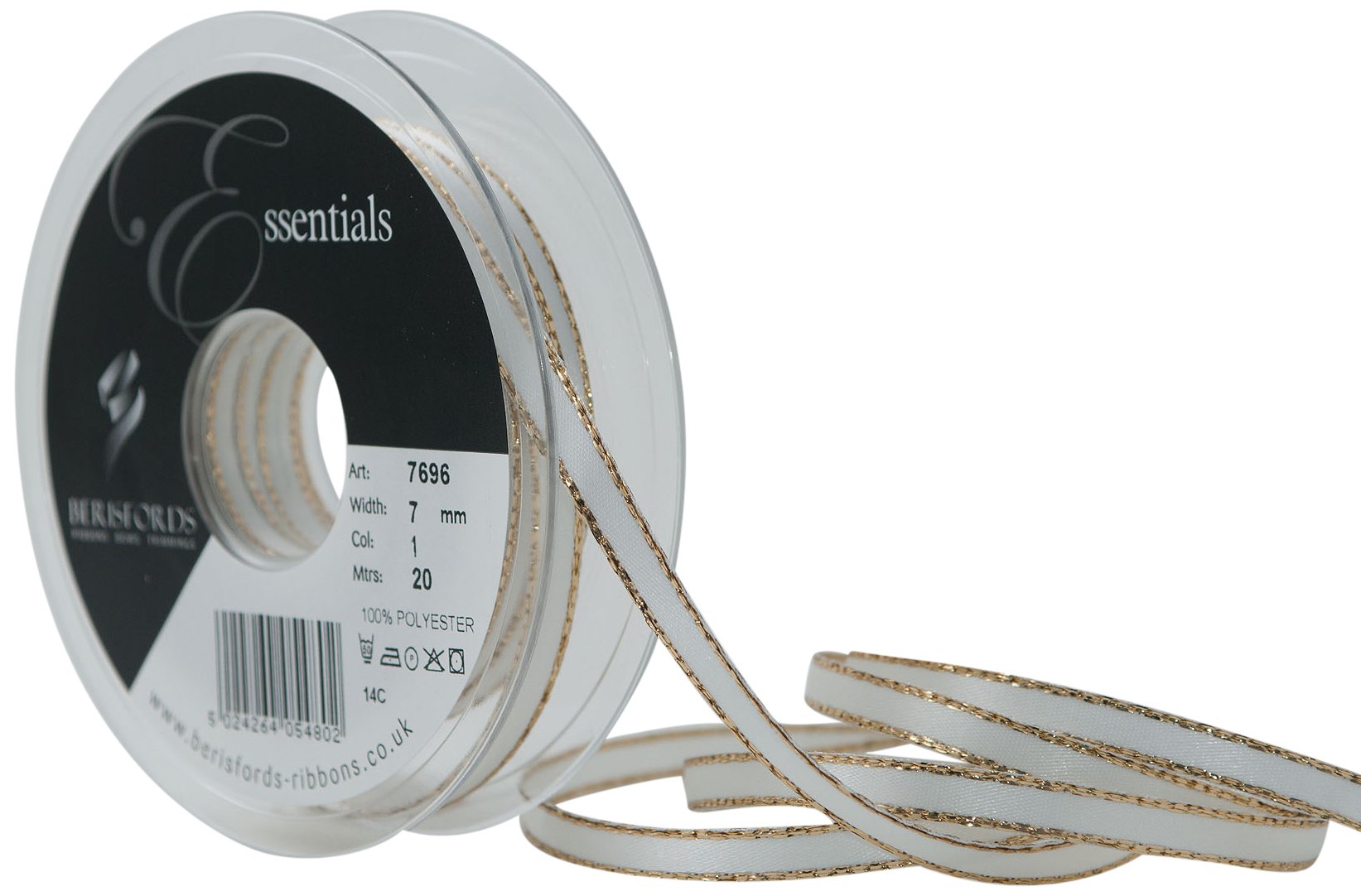 Berisfords 3 mm Gold Edge Satin Ribbon, White