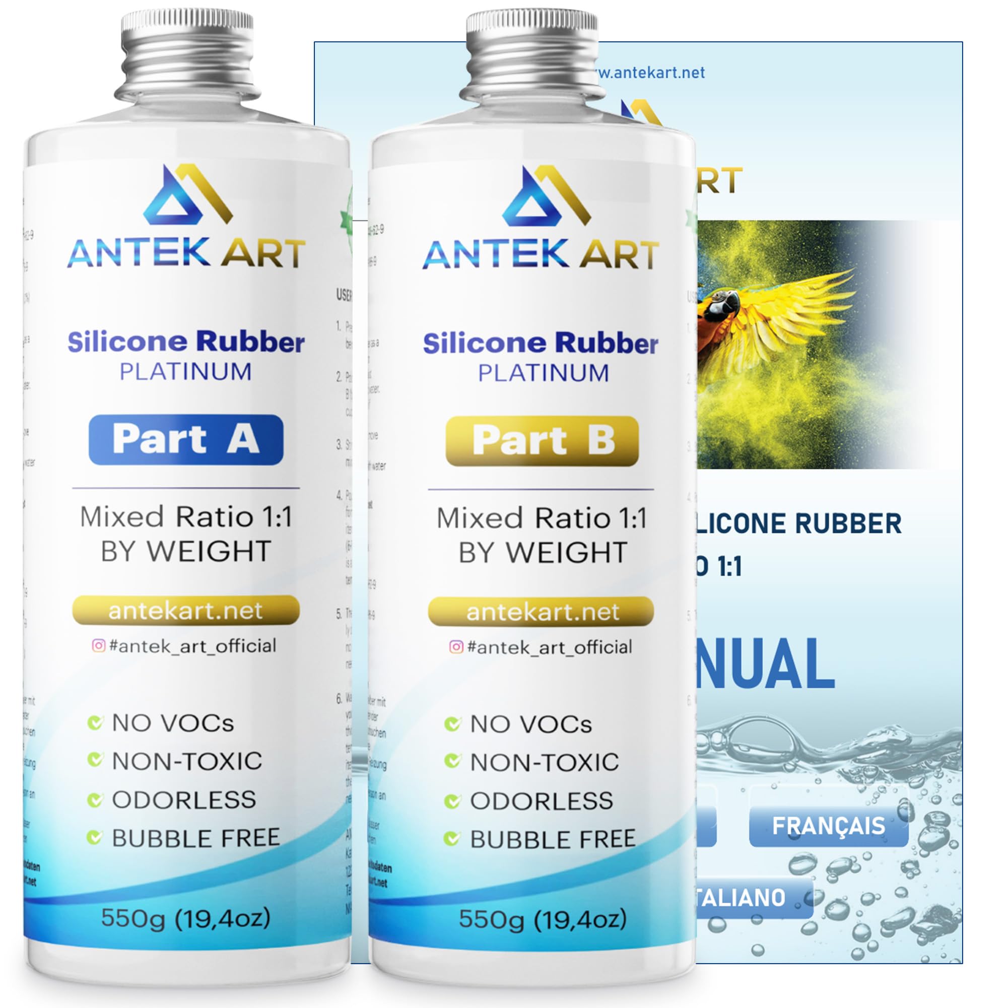 Stampo del Silicone che Fa il Kit - Gomma di Silicone Liquida Traslucida - Miscelazione 1:1 - Auto-degassante, Indurimento Veloce - Stampi della Resina, Colata, Gioielli, DIY (1100g Kit)