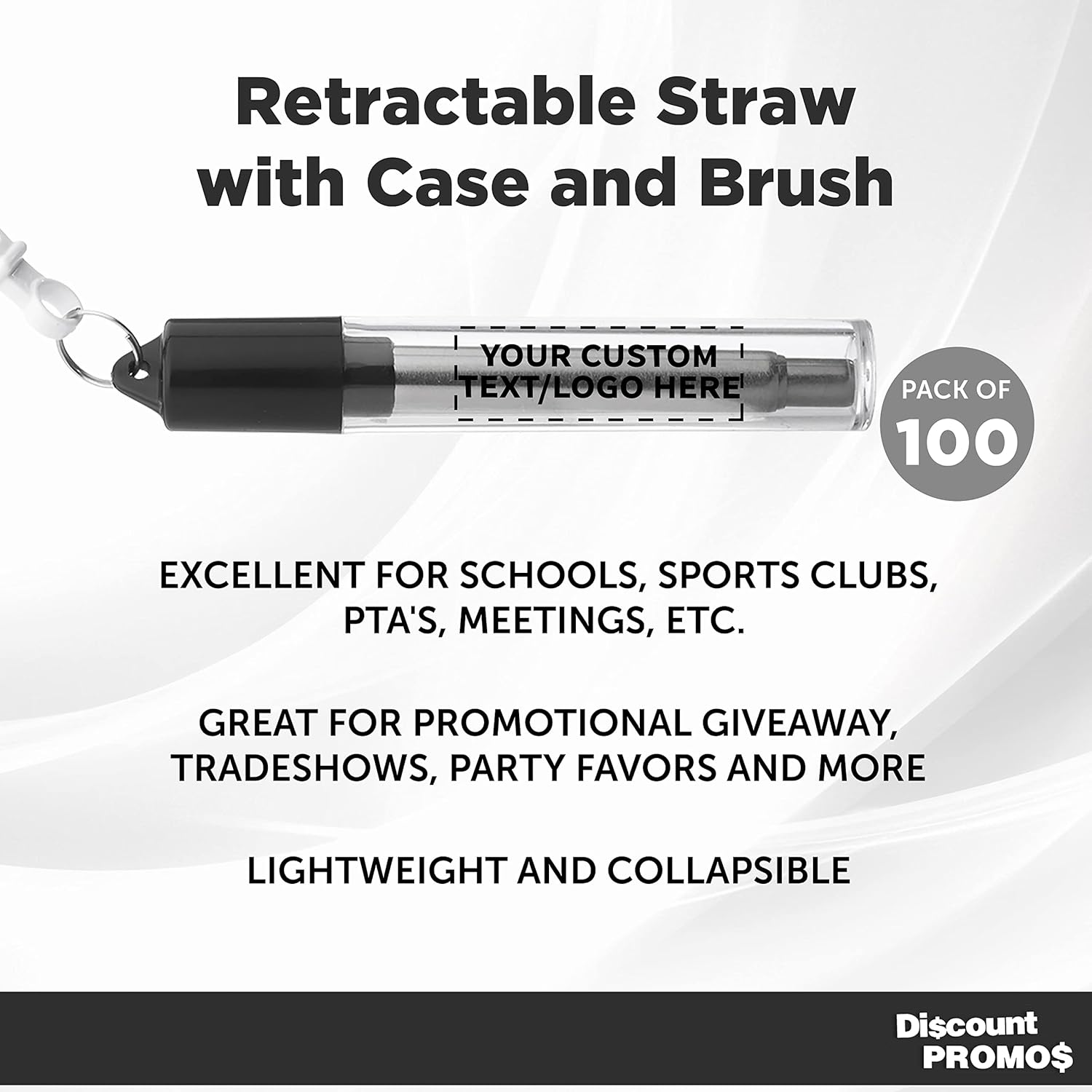 Custom Retractable Metal Straw with Case and Brush Set of 100, Personalized Bulk Pack - Convinient and Reusable, Perfect for Weekend Getaway, Camping, Beach and Outdoor - Silver