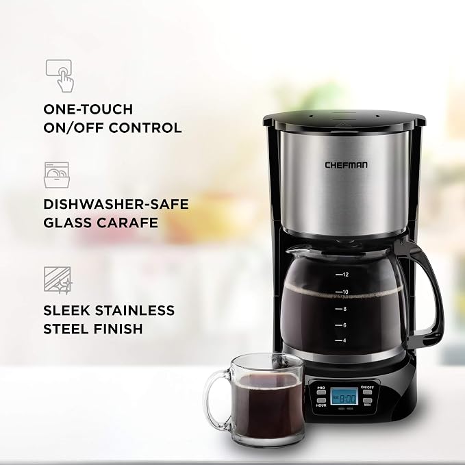 Chefman Cafetera programable de 12 tazas, cervecera eléctrica, apagado  automático, pantalla LCD con función de preparación automática, olla  antigoteo, filtro reutilizable para molidos frescos, acero inoxidable  redondo, jarra de vidrio : Todo  - Amazon.com