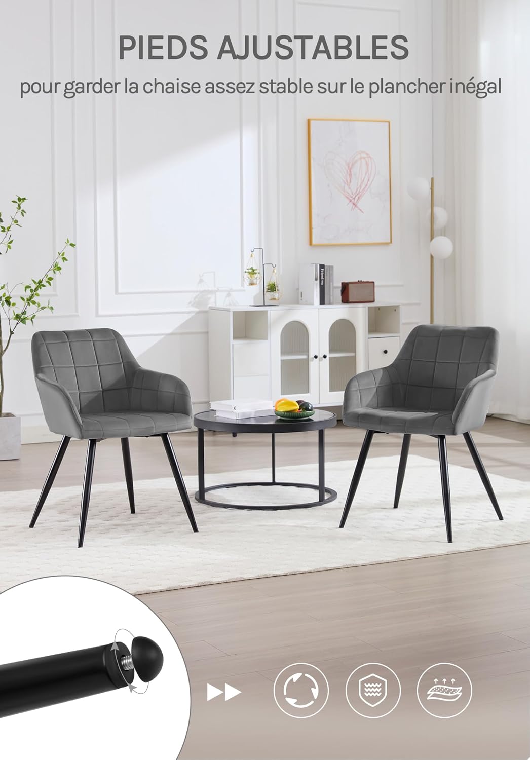 Close-up of the adjustable feet on the chair's legs, illustrating their function for stability on uneven floors.