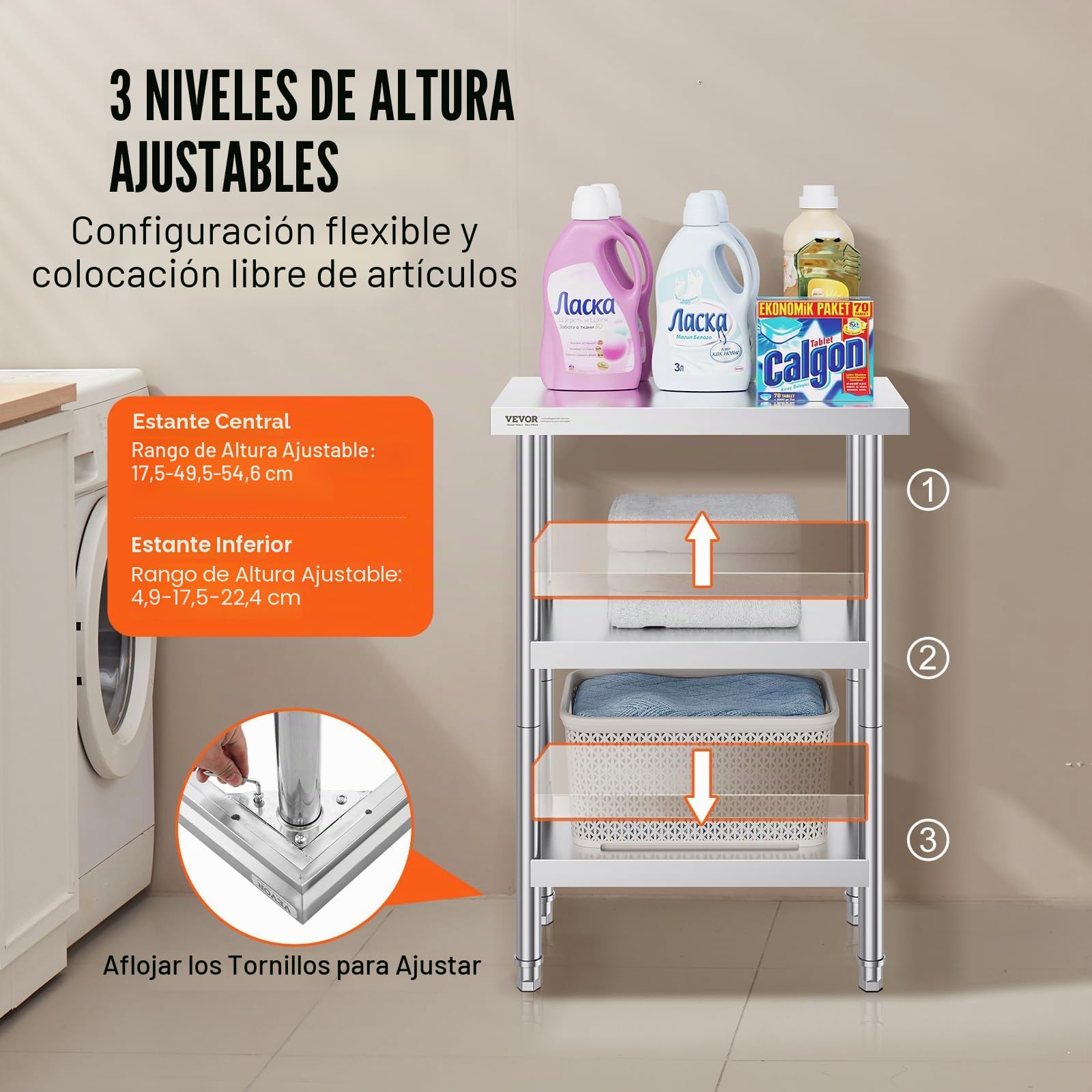 VEVOR Mesa de Preparación de Acero Inoxidable 356x610x864 mm con 2 Estantes Inferiores Ajustables para Cocina Comercial y Hogar