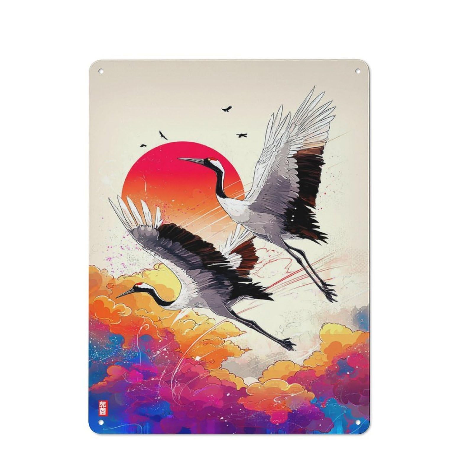 Junmoney Dancing Cranes At Sunset Retro Vintage Tin Sign 40X30cm, Cafe Wall Decor For Kitchen, Cafe, Pantry Or Dining Room