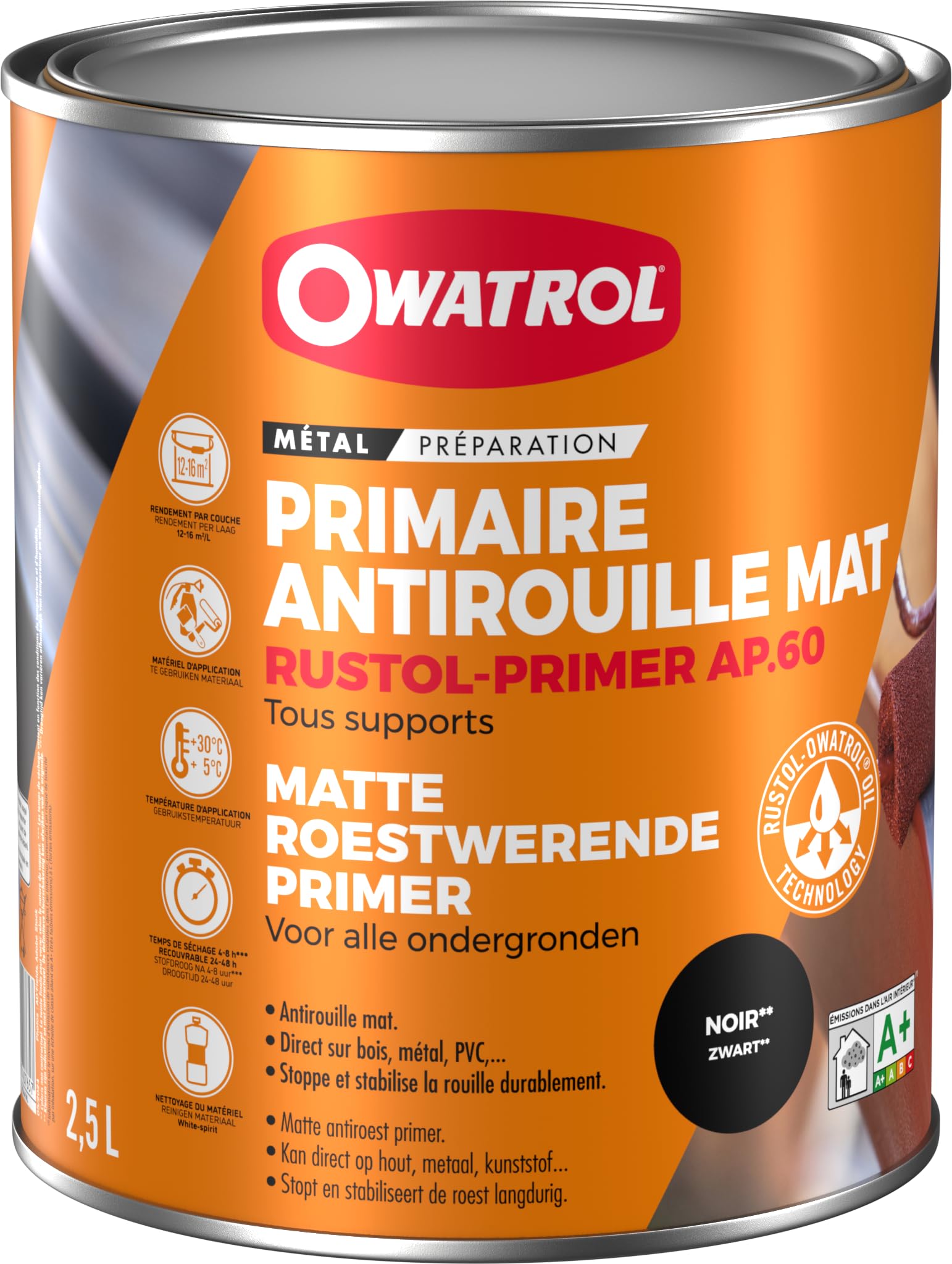 OWATROL Primer AP.60 Primaire et finition décorative mate 2,5 L Noir