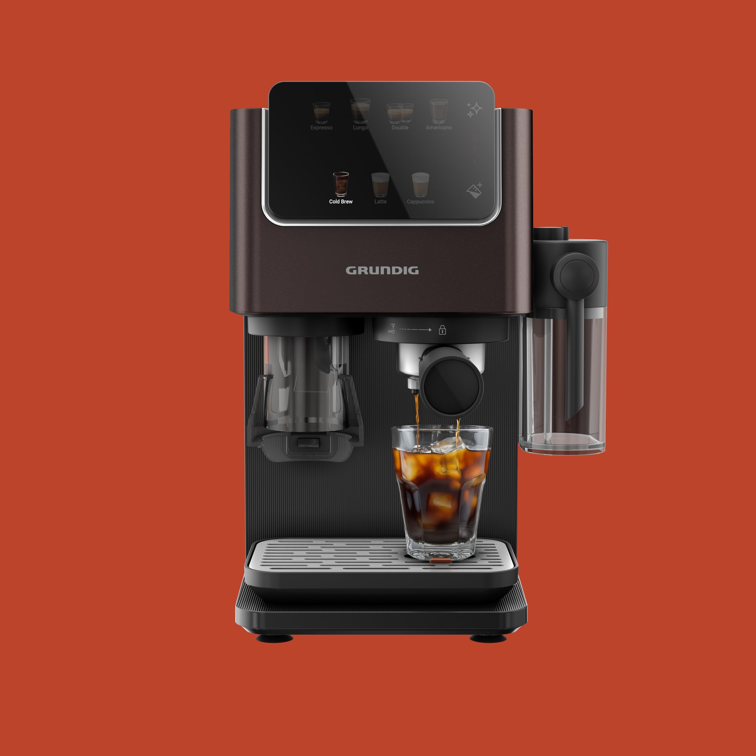 Grundig KSM 8530 Siebträgermaschine, 7 Kaffeespezialitäten inkl. Cold Brew, 1688 W, 20 bar, Edelstahlmahlwerk, Milchbehälter, Touch-Display, für Bohnen, Pulver & Kapseln, Schwarz/Braun