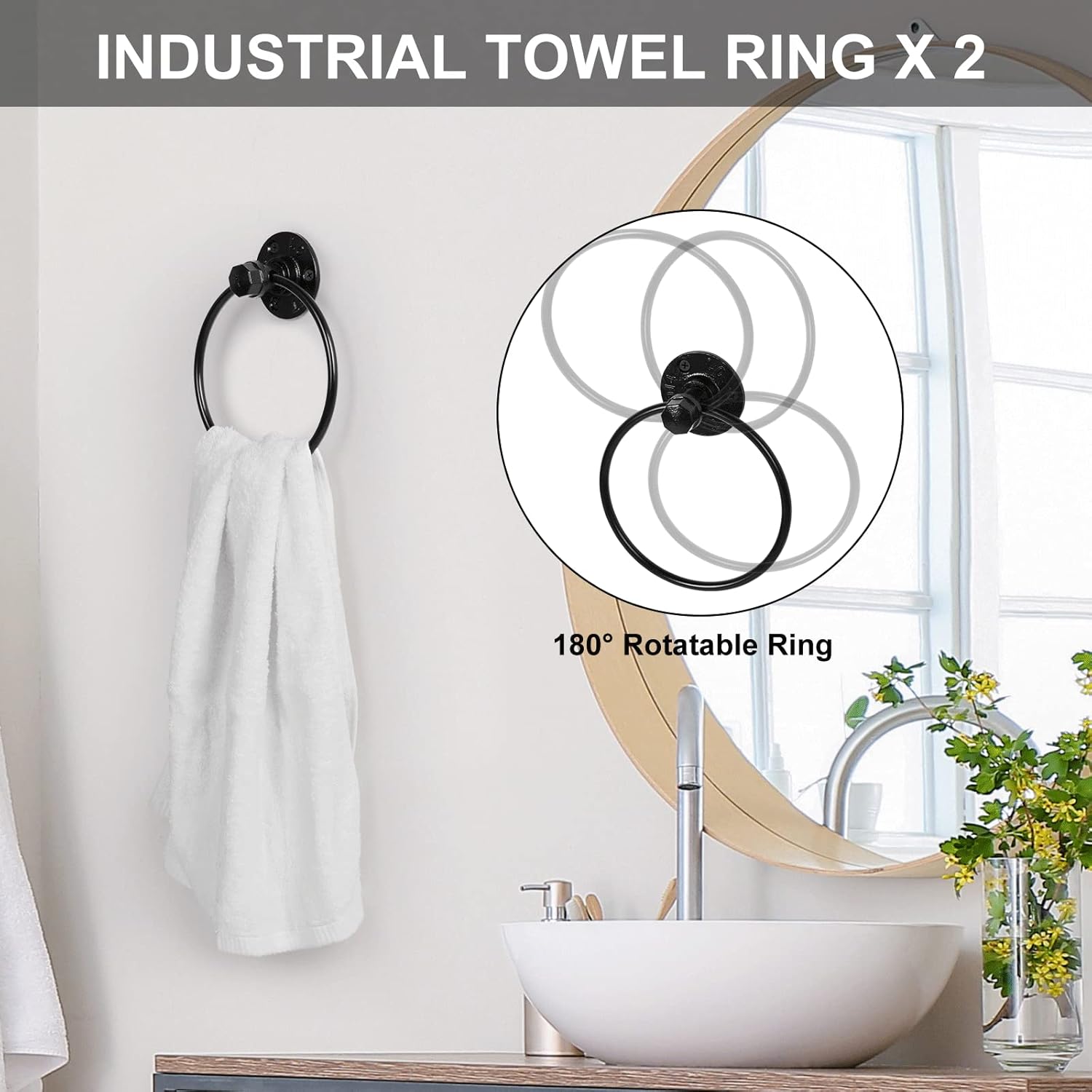 Industrial Bathroom Hardware Set 10 Pieces Bath Towel Bar Set Includes Round Towel Ring Hand Toilet Roll Holders for Wall 18 and 25 inch Towel Rack Robe Towel Hooks Black Bathroom Accessory Towel Kit