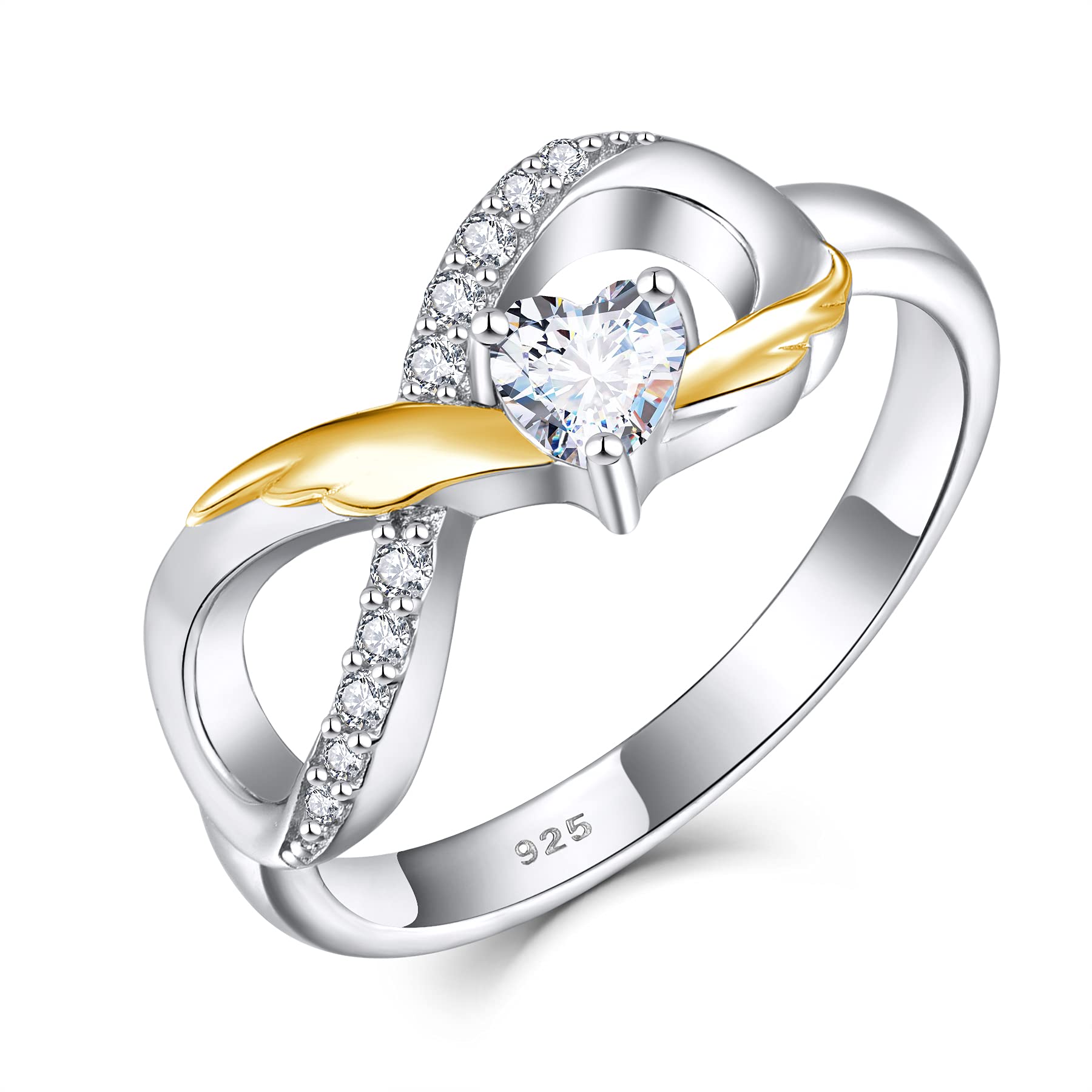 starchenieAnillo Infinito 925 plata corazón Anillo de Compromiso de ala de oro para Mujer